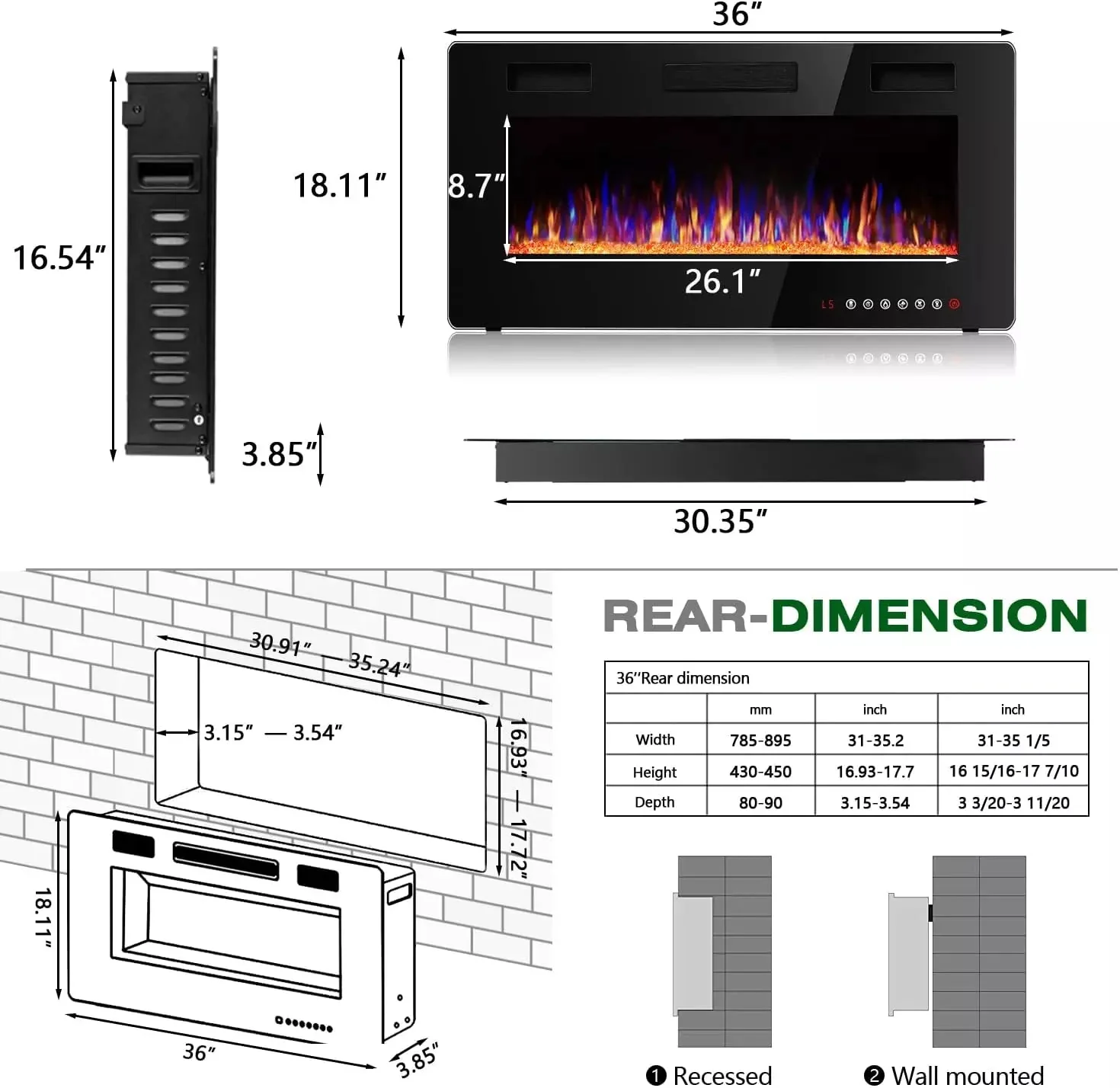 Waleaf No.1 Ultra-Thin Wall Mounted & Recessed Electric Fireplace, 36 inch - Image 7