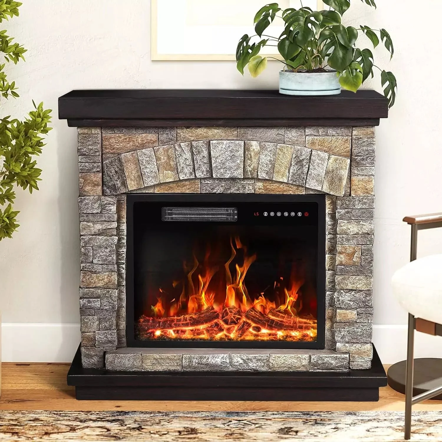 PUKAMI Electric Fireplace with Mantel,Freestanding Stone Fireplace Heater TV Stand with Remote Control, Realistic Flame Effect and 3D Log, 750W/1500W