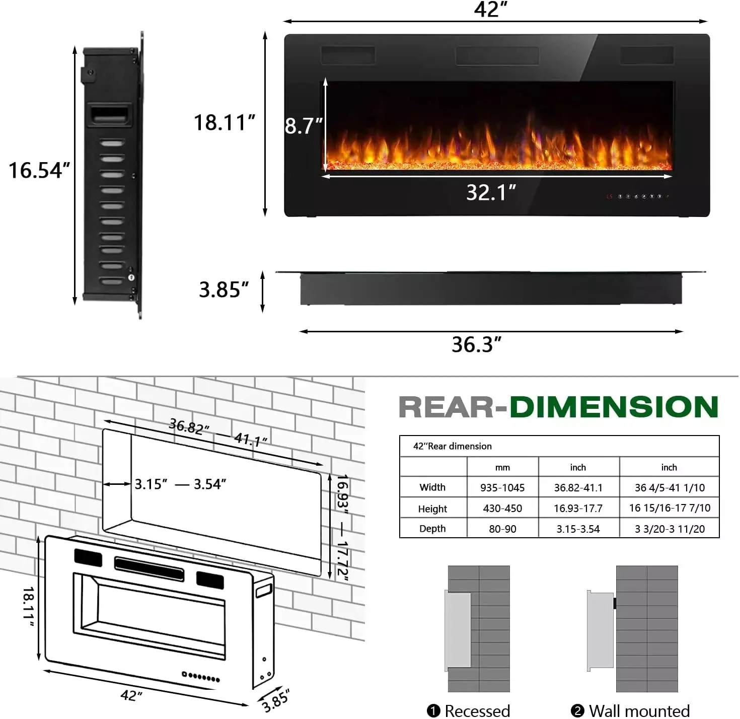 Wayfair No.1 Ultra-Thin Wall Mounted & Recessed Electric Fireplace, 42 inch - Image 7