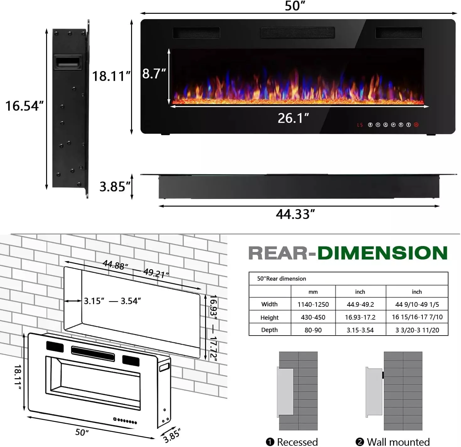 Wayfair No.1 Ultra-Thin Wall Mounted & Recessed Electric Fireplace, 50 inch - Image 7