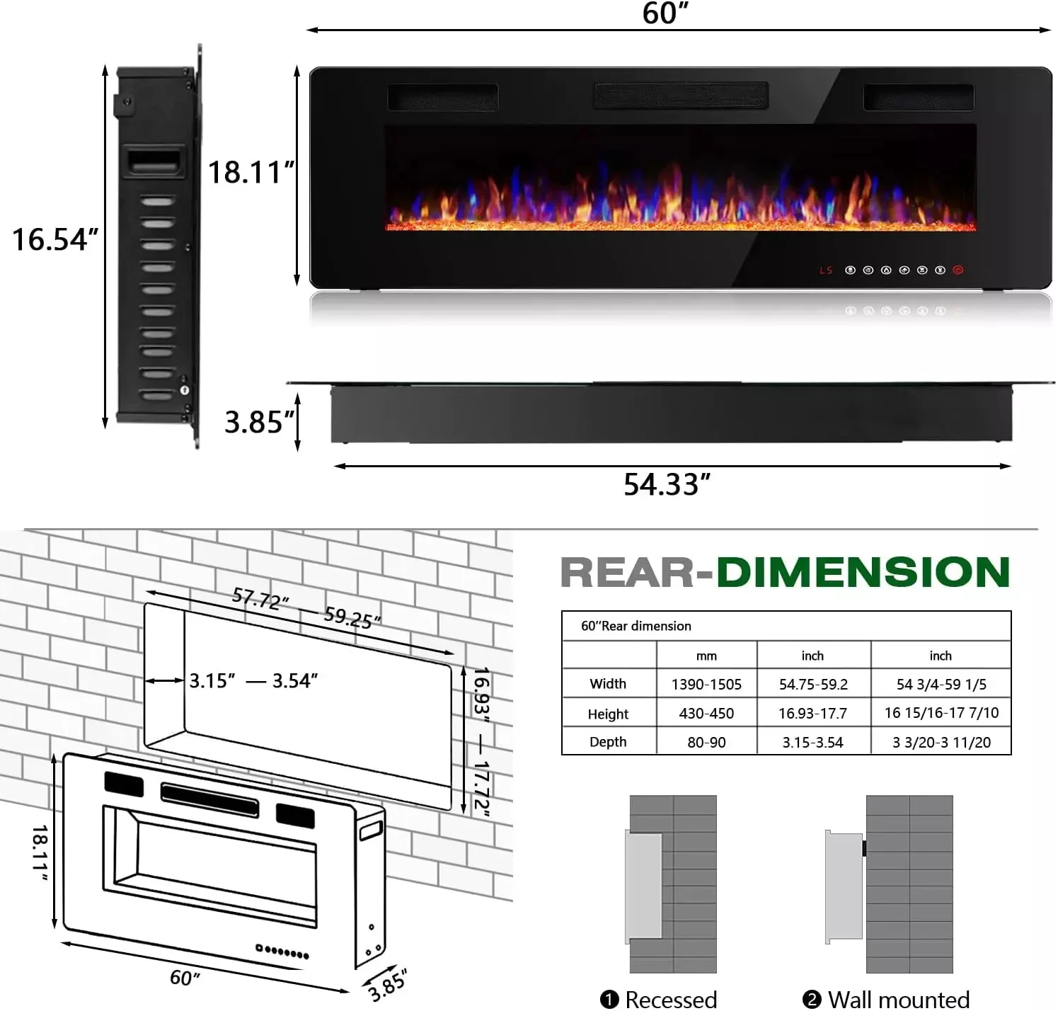 Wayfair No.1 Ultra-Thin Wall Mounted & Recessed Electric Fireplace, 60 inch - Image 7