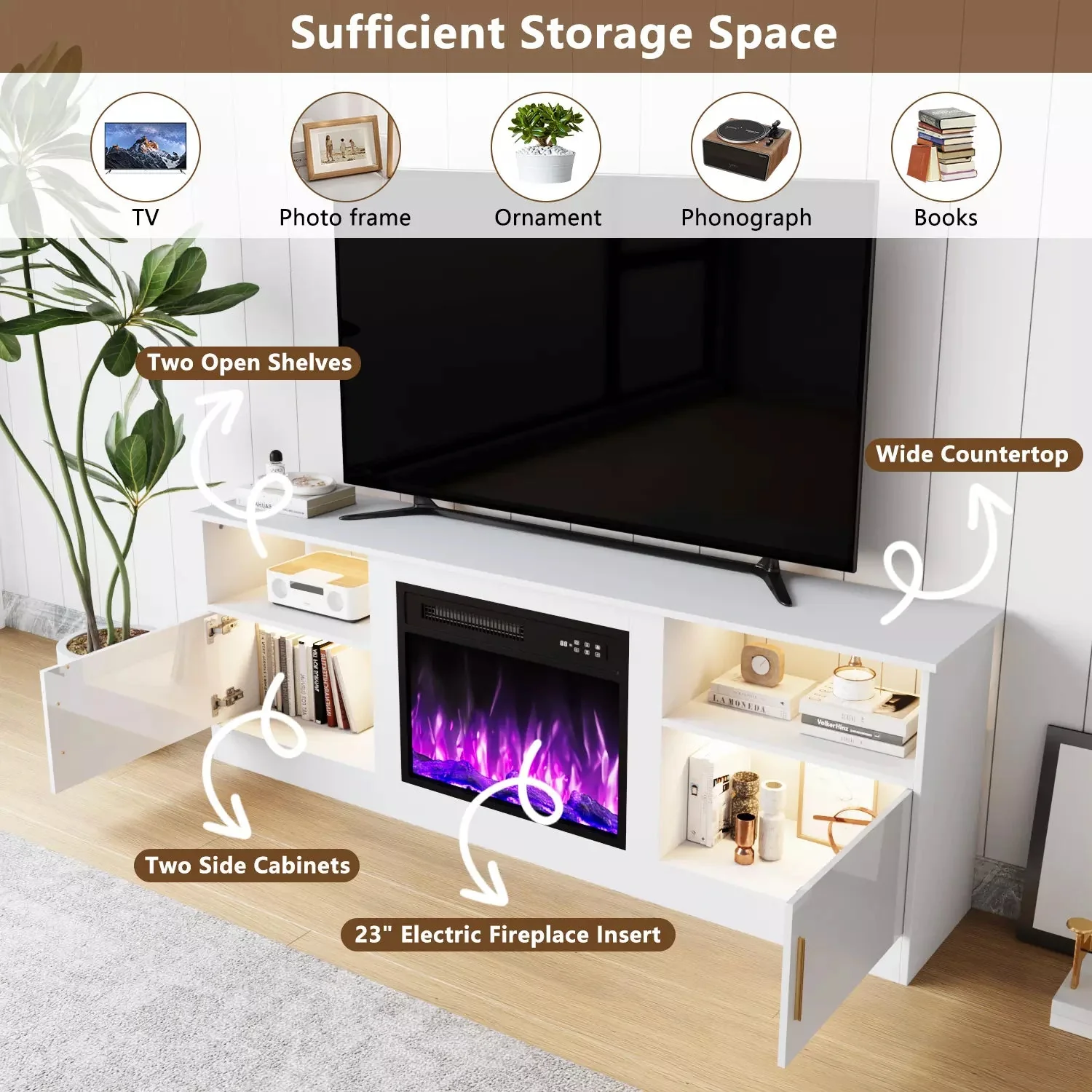 Waleaf Fireplace TV Stand with 23" Electric Fireplace, LED Lighted Entertainment Center, Adjustable Flame LED Color for TVs up to 80" - Image 10