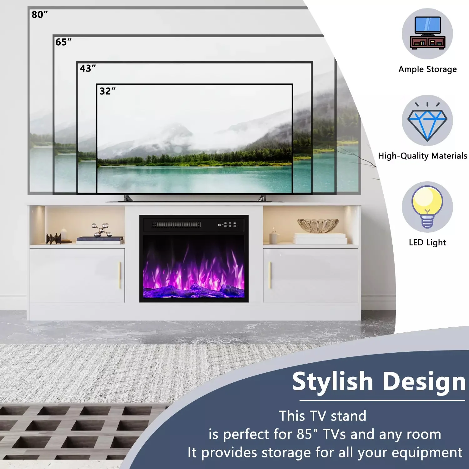 Waleaf Fireplace TV Stand with 23" Electric Fireplace, LED Lighted Entertainment Center, Adjustable Flame LED Color for TVs up to 80" - Image 5