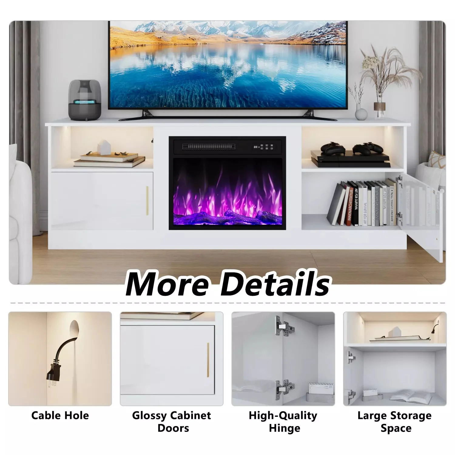 Waleaf Fireplace TV Stand with 23" Electric Fireplace, LED Lighted Entertainment Center, Adjustable Flame LED Color for TVs up to 80" - Image 6