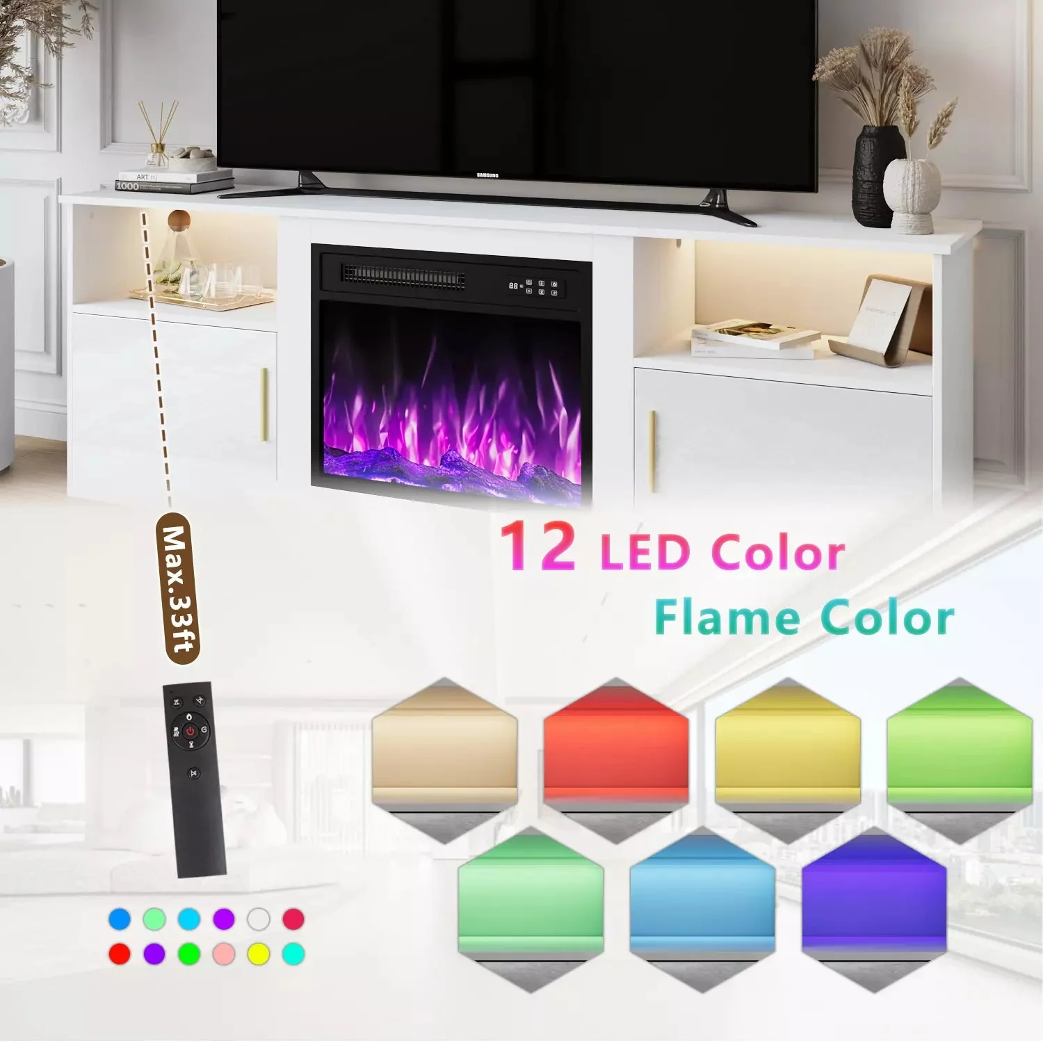 Waleaf Fireplace TV Stand with 23" Electric Fireplace, LED Lighted Entertainment Center, Adjustable Flame LED Color for TVs up to 80" - Image 7
