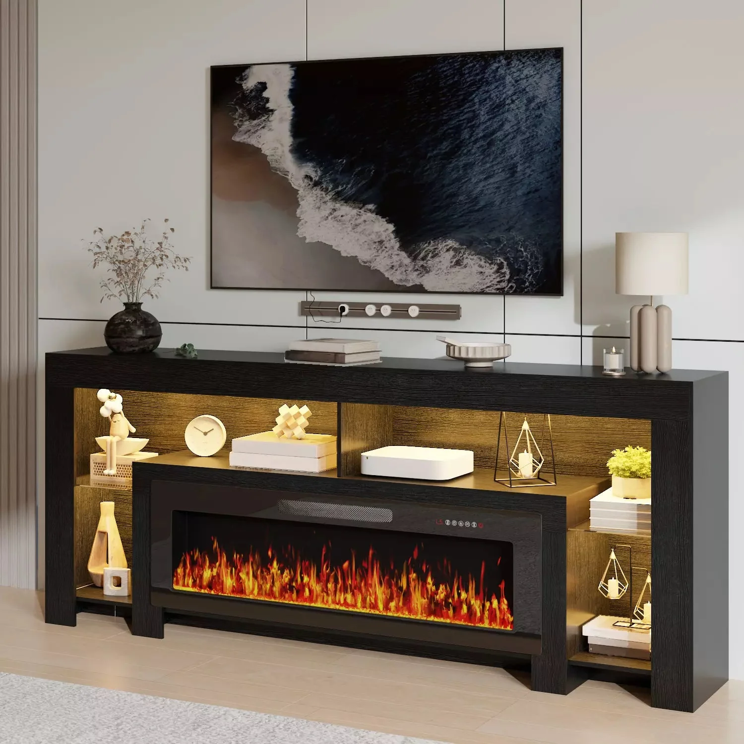 80" Fireplace TV Stand with 50" Electric Fireplace, High Gloss Entertainment Center with 20 Color LED Lights, Modern Highlight TV Console Cabinet for TVs Up to 90" for Living Room