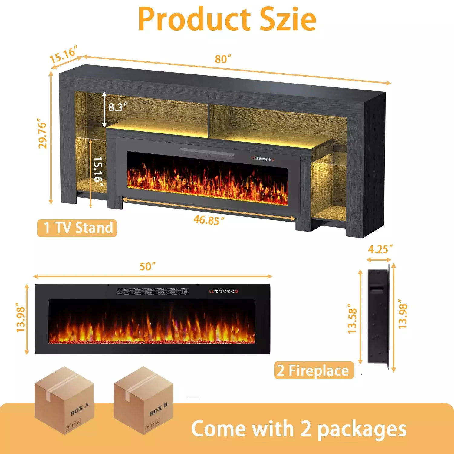 80" Fireplace TV Stand with 50" Electric Fireplace, High Gloss Entertainment Center with 20 Color LED Lights, Modern Highlight TV Console Cabinet for TVs Up to 90" for Living Room - Image 10