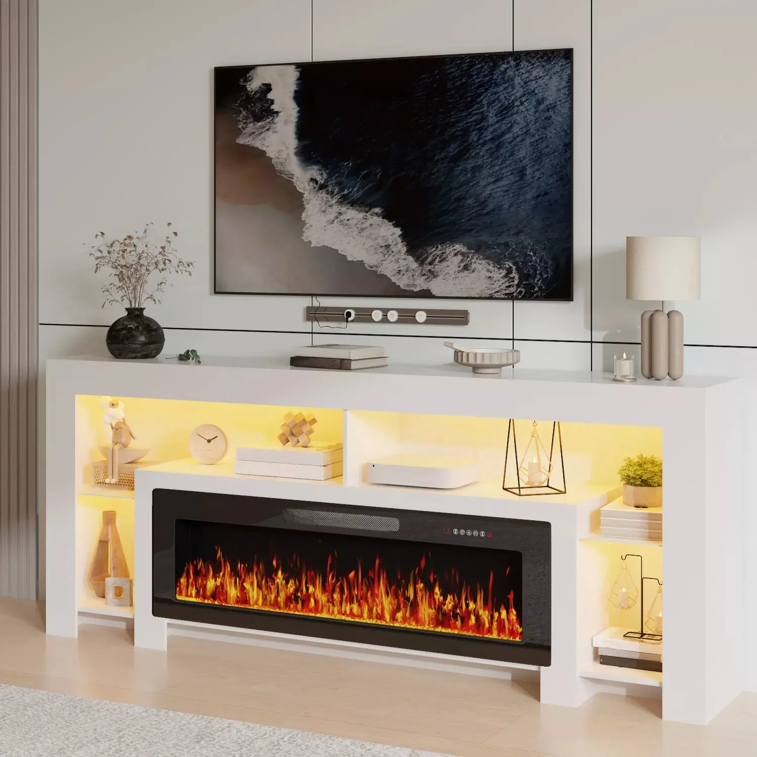 80" Fireplace TV Stand with 50" Electric Fireplace, High Gloss Entertainment Center with 20 Color LED Lights, Modern Highlight TV Console Cabinet for TVs Up to 90" for Living Room - Image 2