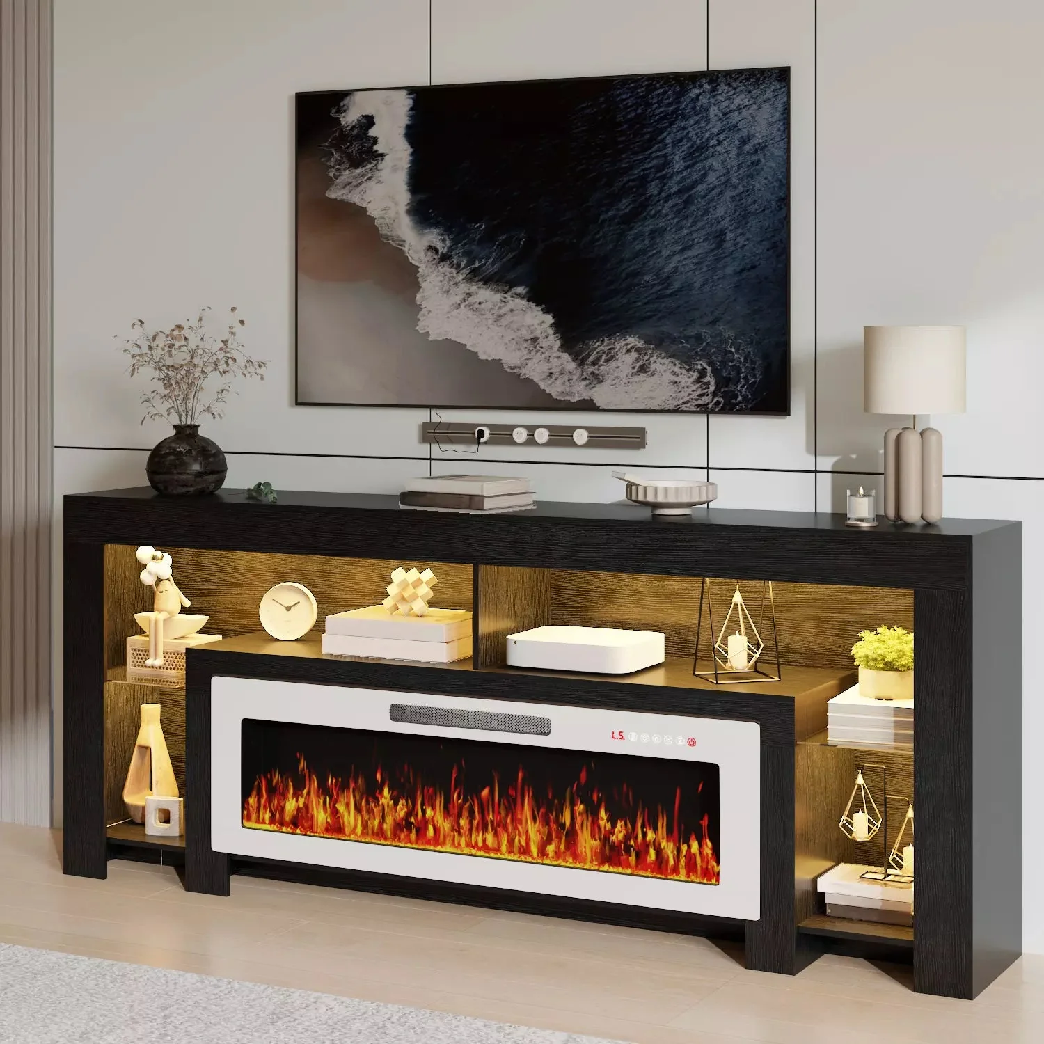 80" Fireplace TV Stand with 50" Electric Fireplace, High Gloss Entertainment Center with 20 Color LED Lights, Modern Highlight TV Console Cabinet for TVs Up to 90" for Living Room - Image 3