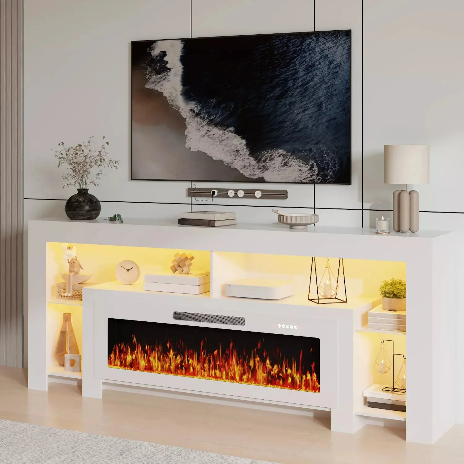 80" Fireplace TV Stand with 50" Electric Fireplace, High Gloss Entertainment Center with 20 Color LED Lights, Modern Highlight TV Console Cabinet for TVs Up to 90" for Living Room - Image 4
