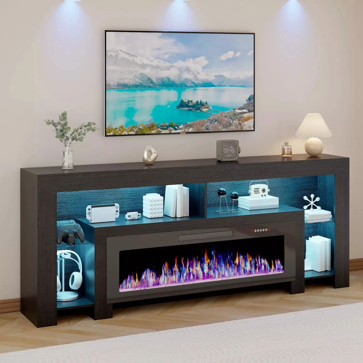 80" Fireplace TV Stand with 50" Electric Fireplace, High Gloss Entertainment Center with 20 Color LED Lights, Modern Highlight TV Console Cabinet for TVs Up to 90" for Living Room - Image 5