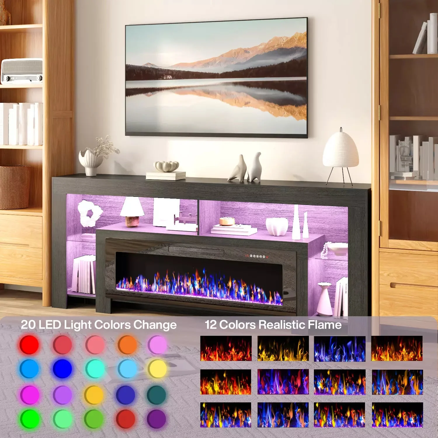 80" Fireplace TV Stand with 50" Electric Fireplace, High Gloss Entertainment Center with 20 Color LED Lights, Modern Highlight TV Console Cabinet for TVs Up to 90" for Living Room - Image 6