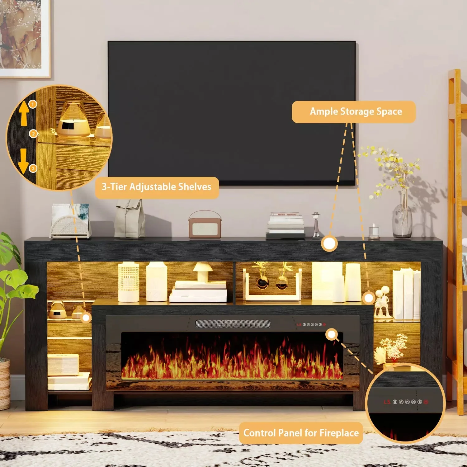 80" Fireplace TV Stand with 50" Electric Fireplace, High Gloss Entertainment Center with 20 Color LED Lights, Modern Highlight TV Console Cabinet for TVs Up to 90" for Living Room - Image 8