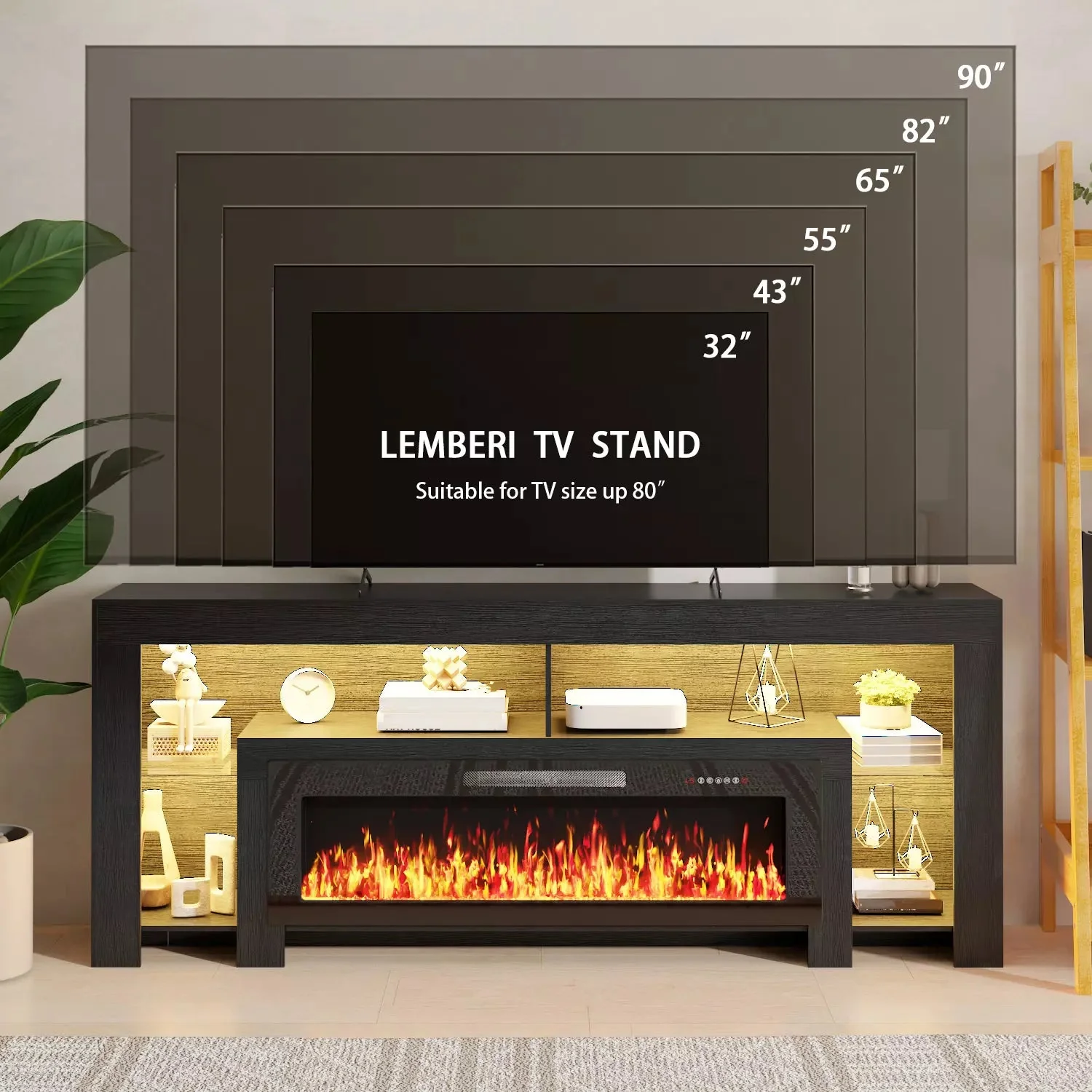 80" Fireplace TV Stand with 50" Electric Fireplace, High Gloss Entertainment Center with 20 Color LED Lights, Modern Highlight TV Console Cabinet for TVs Up to 90" for Living Room - Image 9