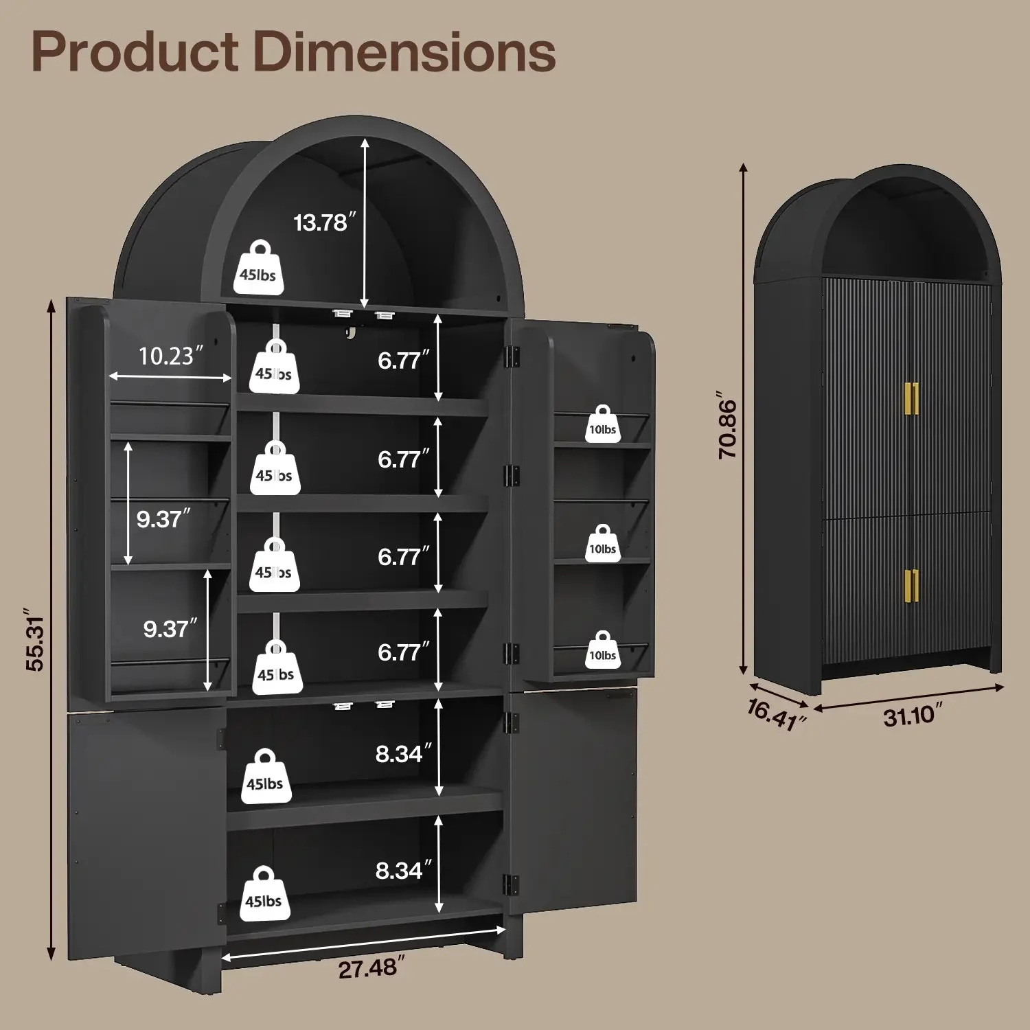 Arched Cabinet, 71" Tall Arched Kitchen Pantry Storage Cabinet with Doors, Modern Fluted Kitchen Storage Cabinet with Adjustable Shelves, Black Cupboard for Kitchen, Dining Room, Bathroom - Image 10
