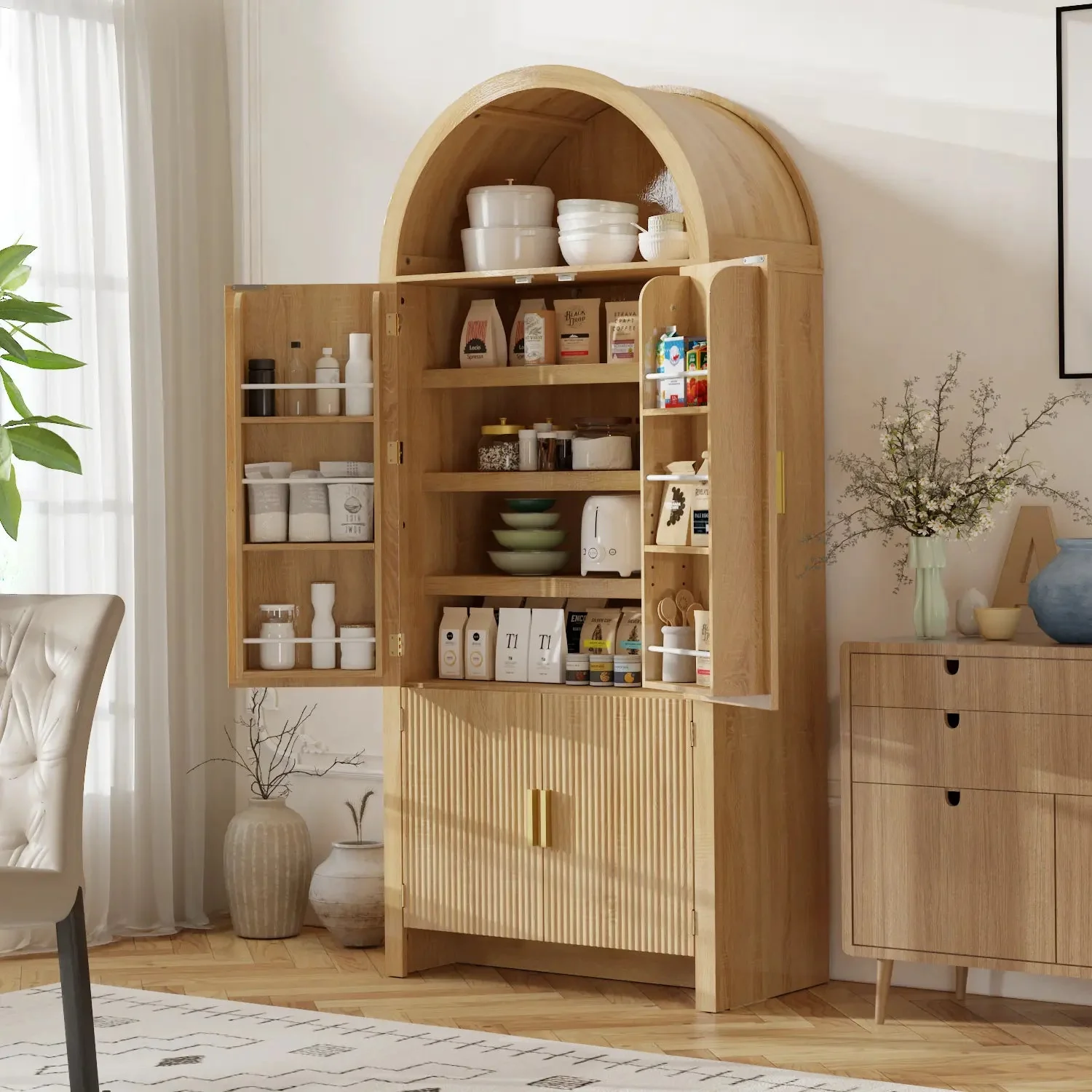 Arched Cabinet, 71" Tall Arched Kitchen Pantry Storage Cabinet with Doors, Modern Fluted Kitchen Storage Cabinet with Adjustable Shelves, Black Cupboard for Kitchen, Dining Room, Bathroom - Image 7