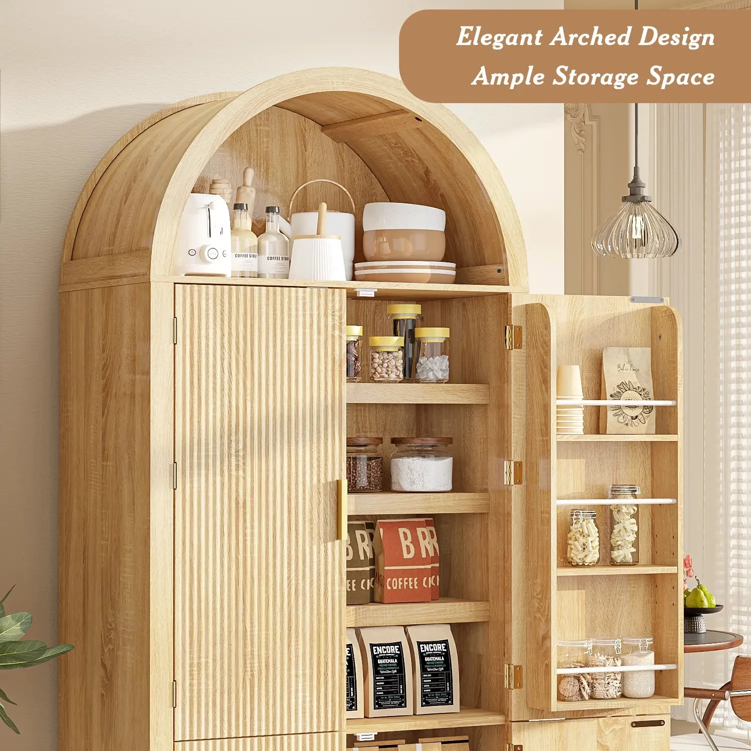 Arched Cabinet, 71" Tall Arched Kitchen Pantry Storage Cabinet with Doors, Modern Fluted Kitchen Storage Cabinet with Adjustable Shelves, Black Cupboard for Kitchen, Dining Room, Bathroom - Image 8
