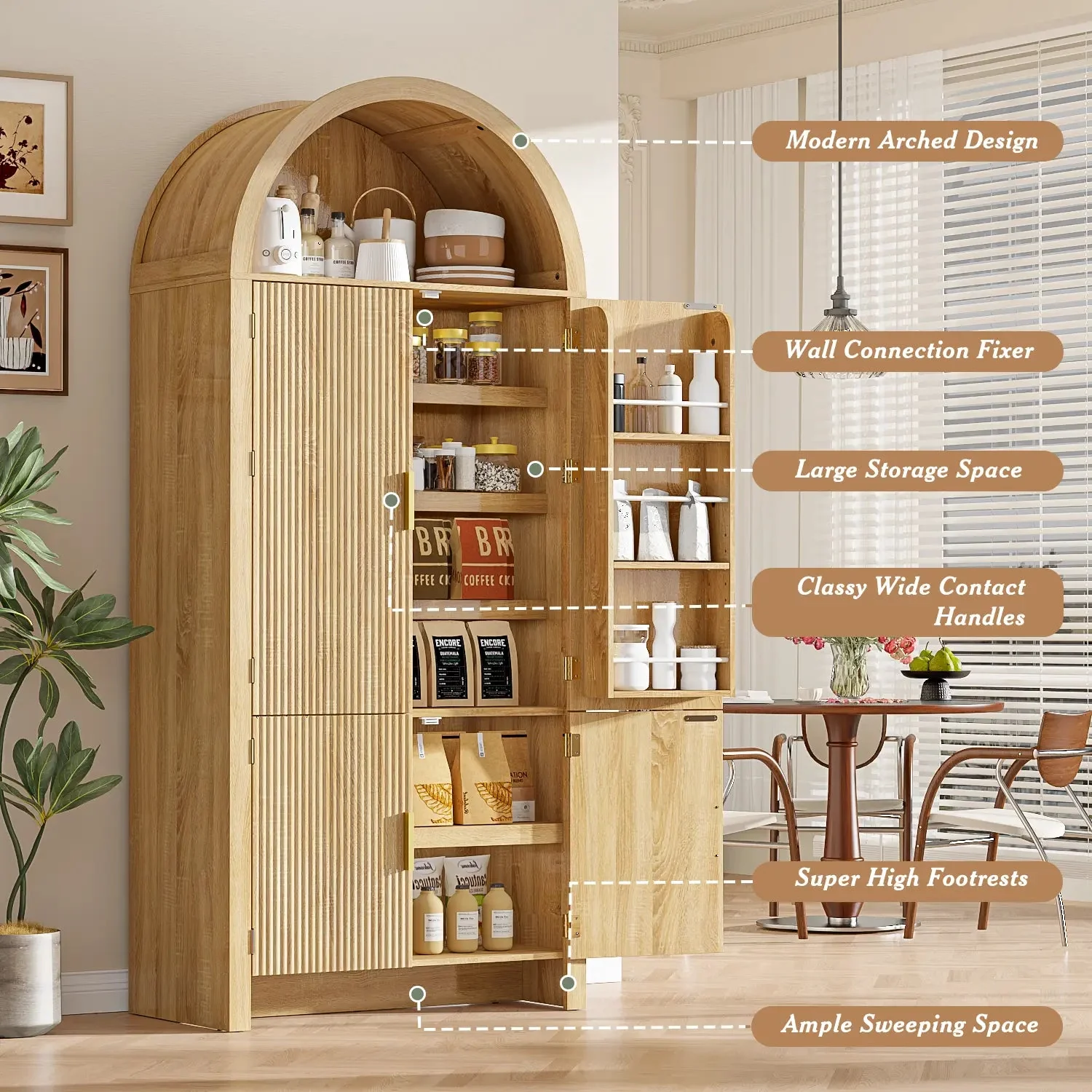 Arched Cabinet, 71" Tall Arched Kitchen Pantry Storage Cabinet with Doors, Modern Fluted Kitchen Storage Cabinet with Adjustable Shelves, Black Cupboard for Kitchen, Dining Room, Bathroom - Image 9