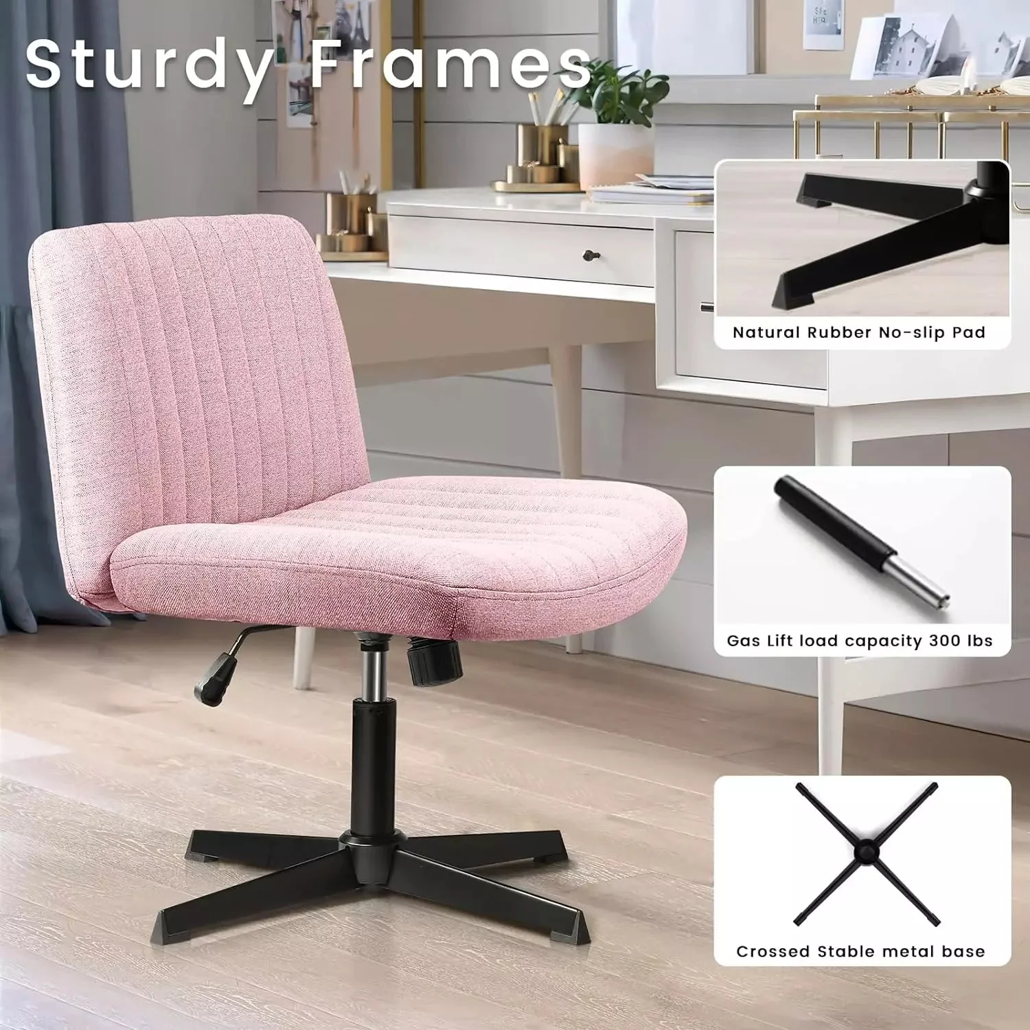 PUKAMI Armless Swivel Office Chair, Height Adjustable Wide Seat Vanity Chair OFC06 - Image 31