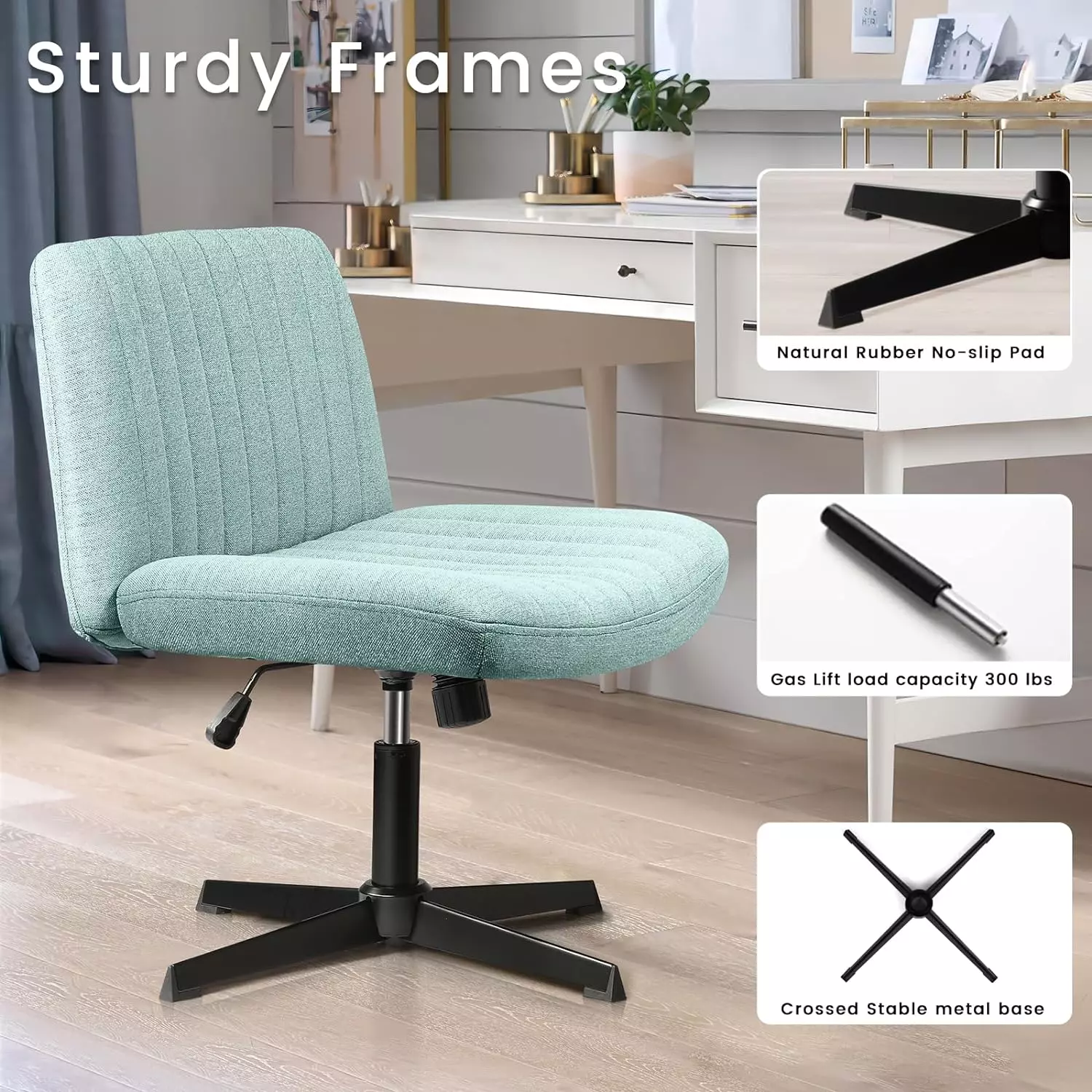 PUKAMI Armless Swivel Office Chair, Height Adjustable Wide Seat Vanity Chair OFC06 - Image 45