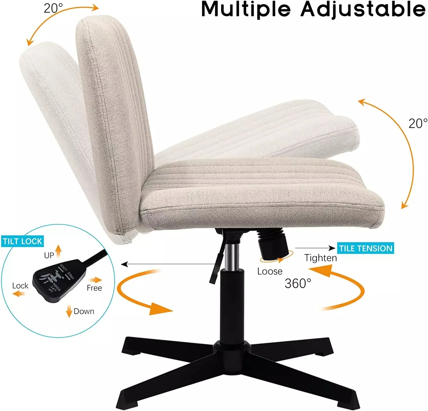 PUKAMI Armless Swivel Office Chair, Height Adjustable Wide Seat Vanity Chair OFC06 - Image 5