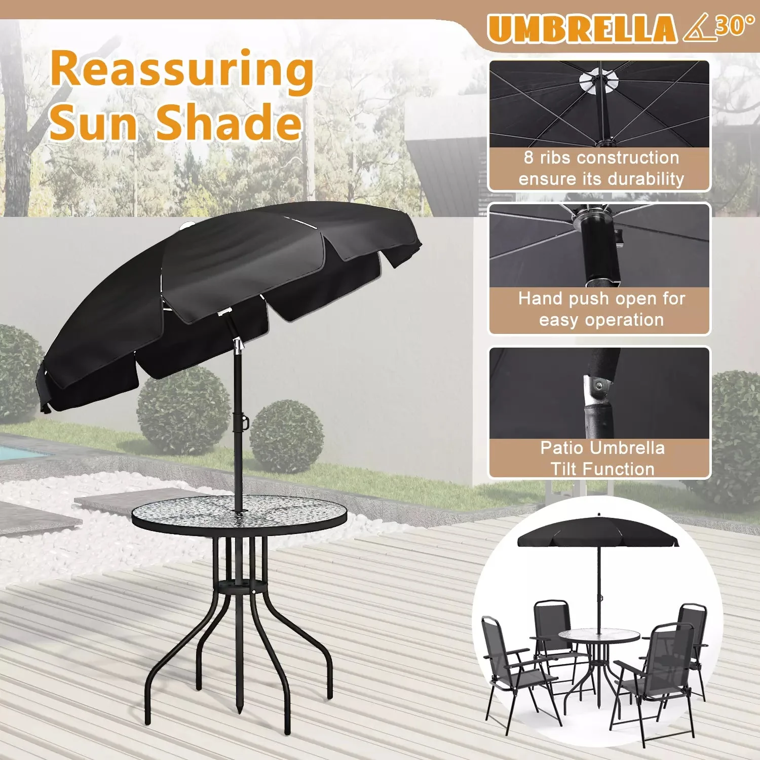 BOSSIN 6 Piece Patio Dining Set with Umbrella,Glass Table and 4 Folding Chair for Lawn,Backyard and Garden - Image 2