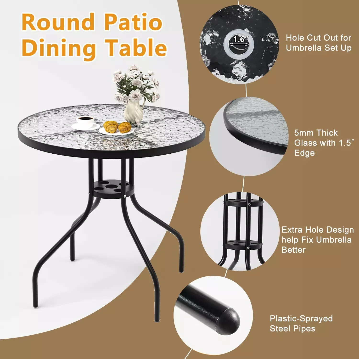 BOSSIN 6 Piece Patio Dining Set with Umbrella,Glass Table and 4 Folding Chair for Lawn,Backyard and Garden - Image 4