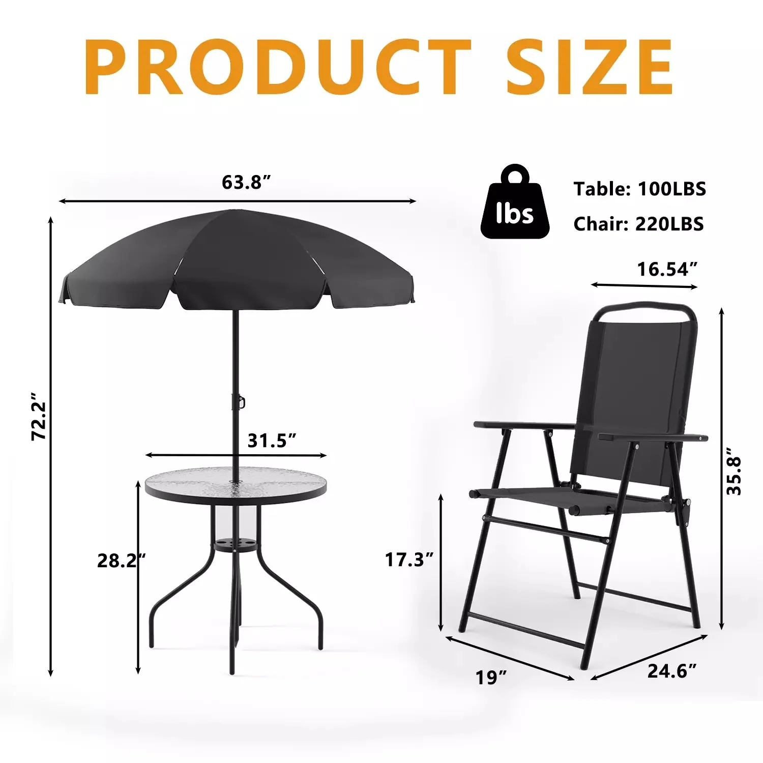BOSSIN 6 Piece Patio Dining Set with Umbrella,Glass Table and 4 Folding Chair for Lawn,Backyard and Garden - Image 6