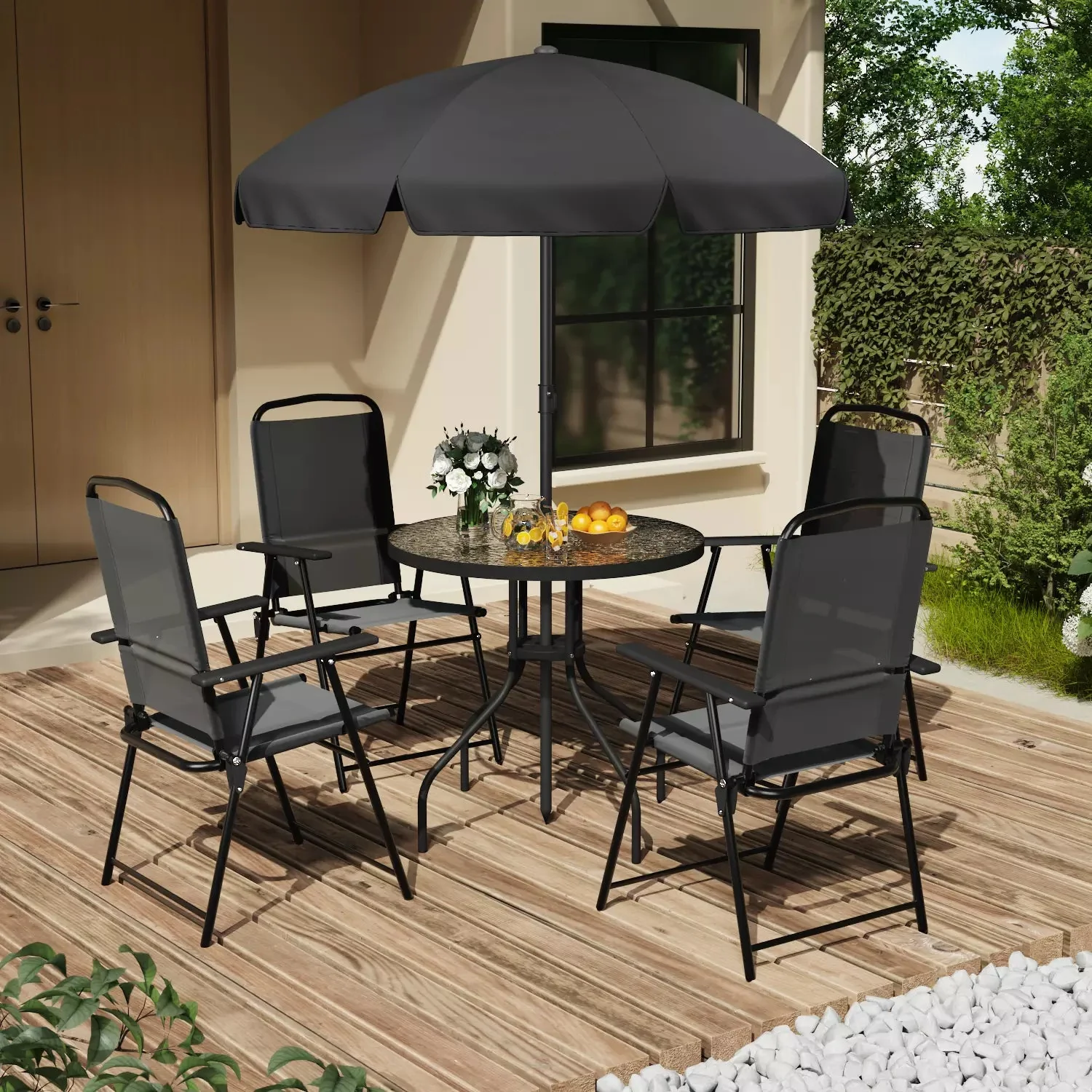 BOSSIN 6 Piece Patio Dining Set with Umbrella,Glass Table and 4 Folding Chair for Lawn,Backyard and Garden - Image 7