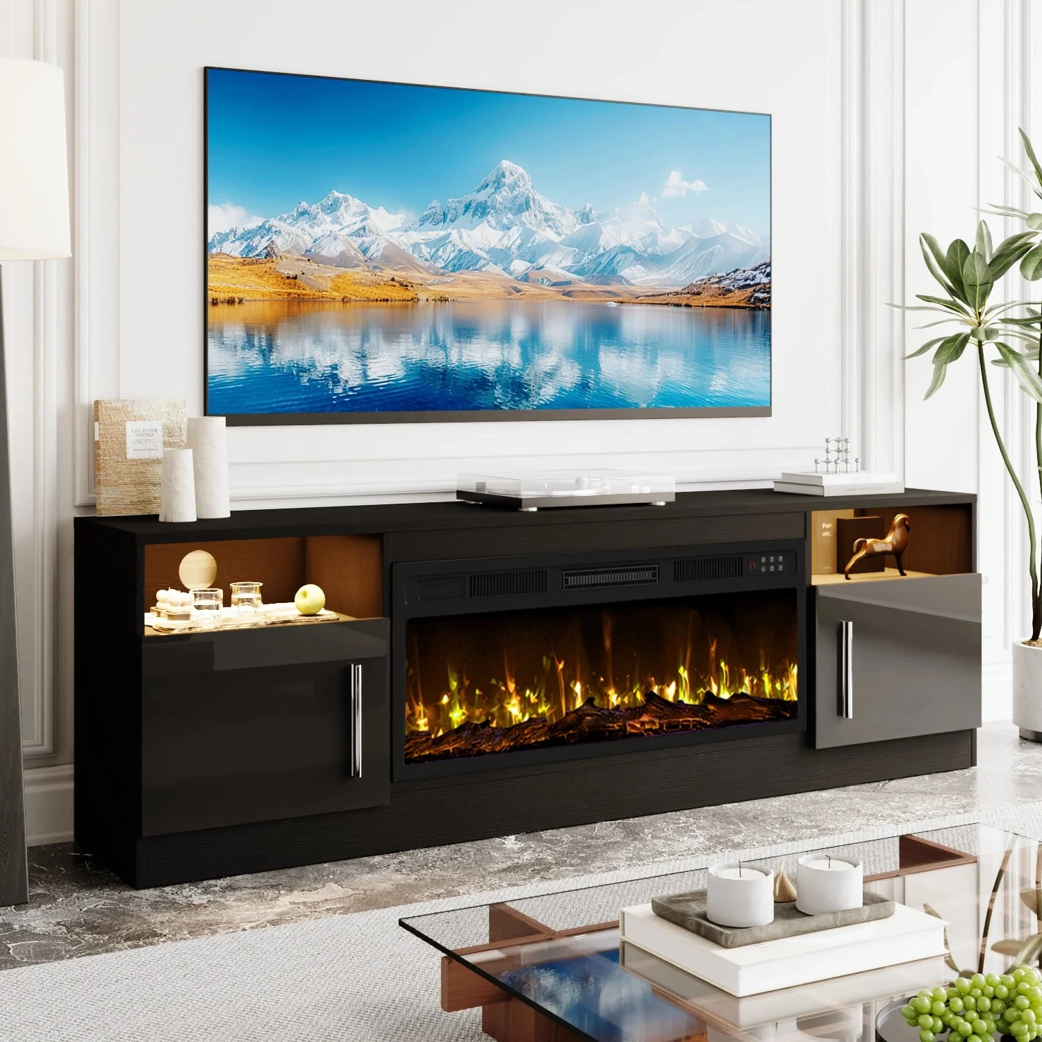 BOSSIN 70 inches Fireplace TV Stand with 36 inch Fireplace Up to 80" TVs