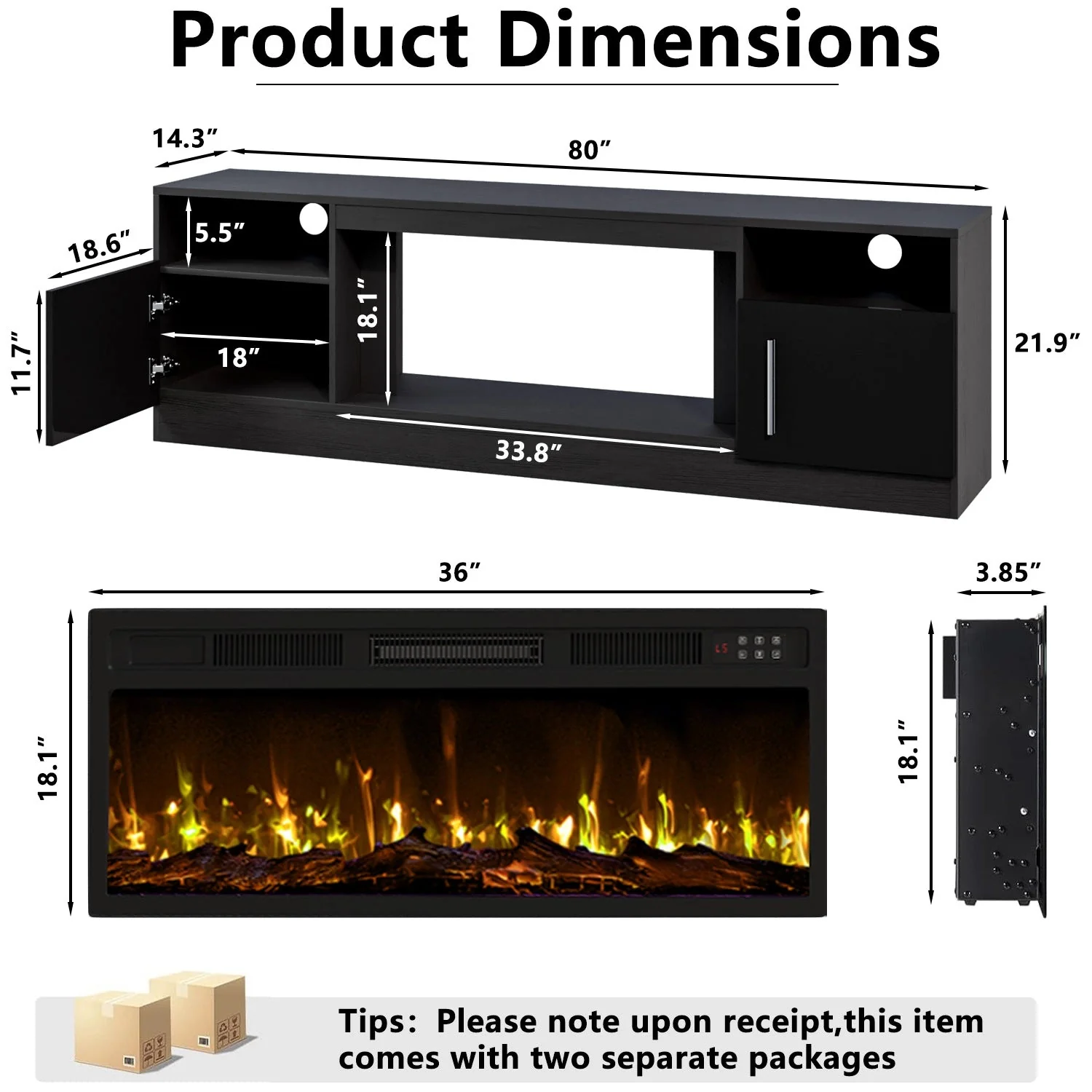 BOSSIN 70 inches Fireplace TV Stand with 36 inch Fireplace Up to 80" TVs - Image 7