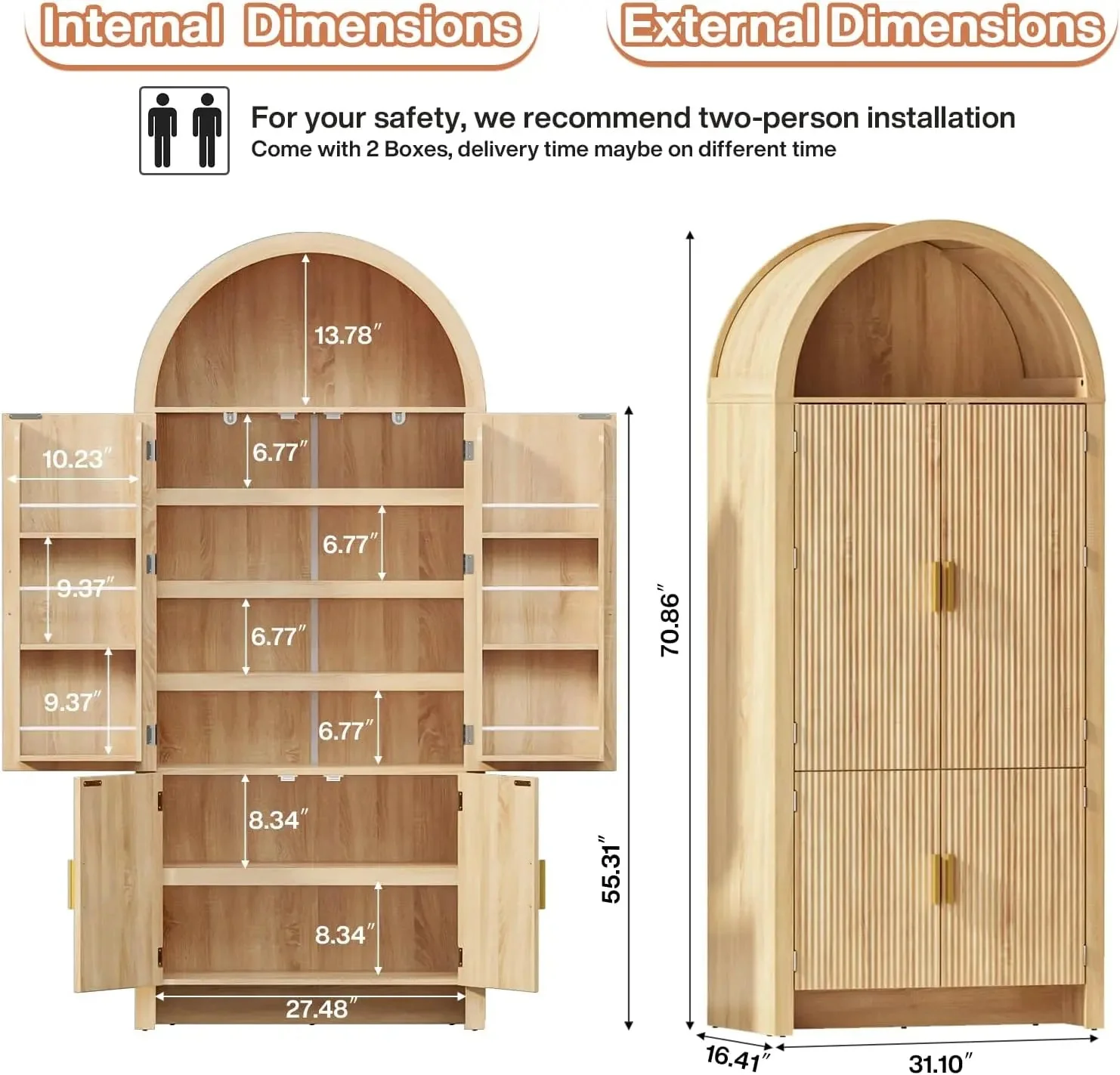 BOSSIN 71" Arched Kitchen Pantry Cabinet, Tall Arched Fluted Storage Cabinet Pantry with Doors and Adjustable Shelves, Modern Natural Wood Cupboard Organizer for Kitchen, Dining Room, Living Room - Image 3