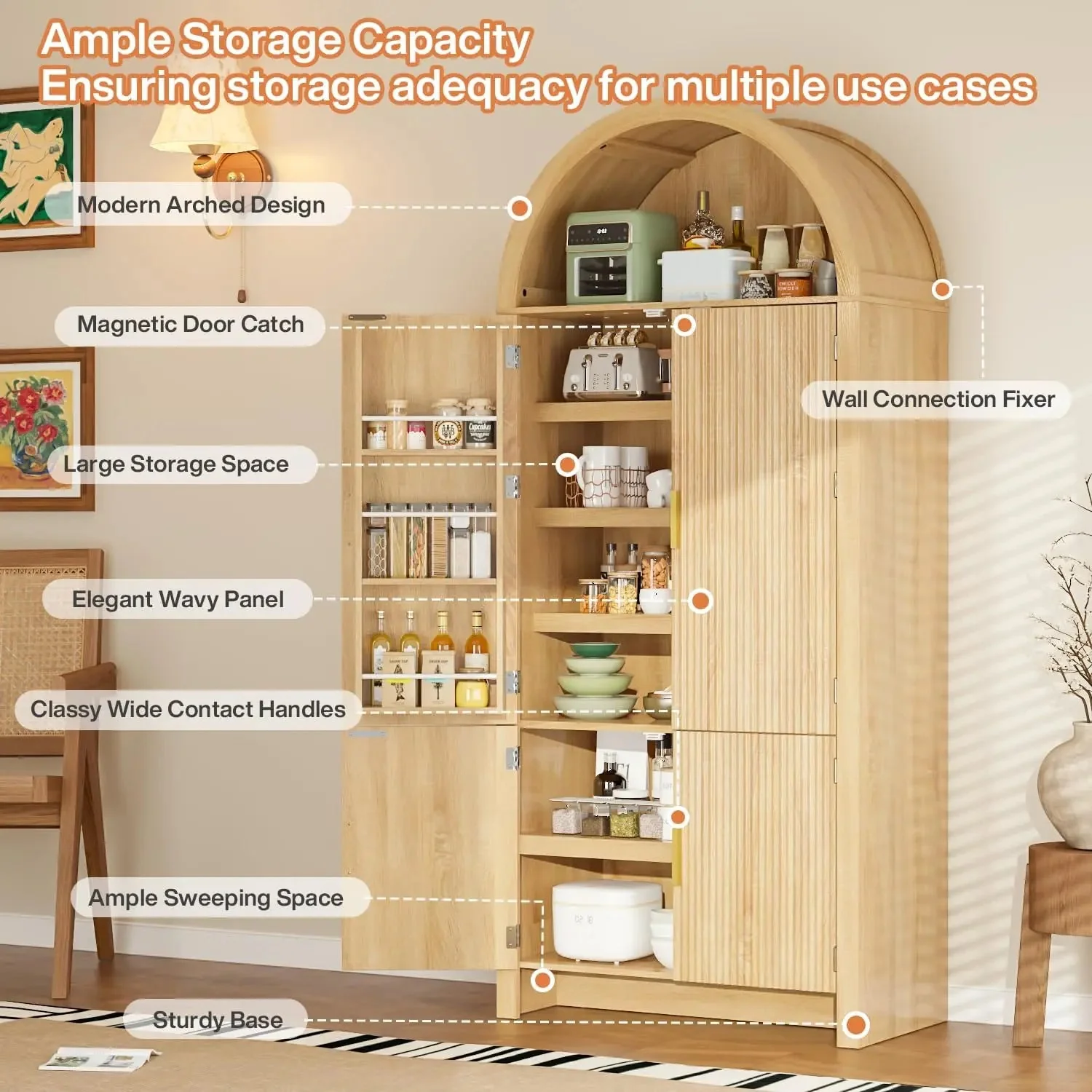 BOSSIN 71" Arched Kitchen Pantry Cabinet, Tall Arched Fluted Storage Cabinet Pantry with Doors and Adjustable Shelves, Modern Natural Wood Cupboard Organizer for Kitchen, Dining Room, Living Room - Image 4