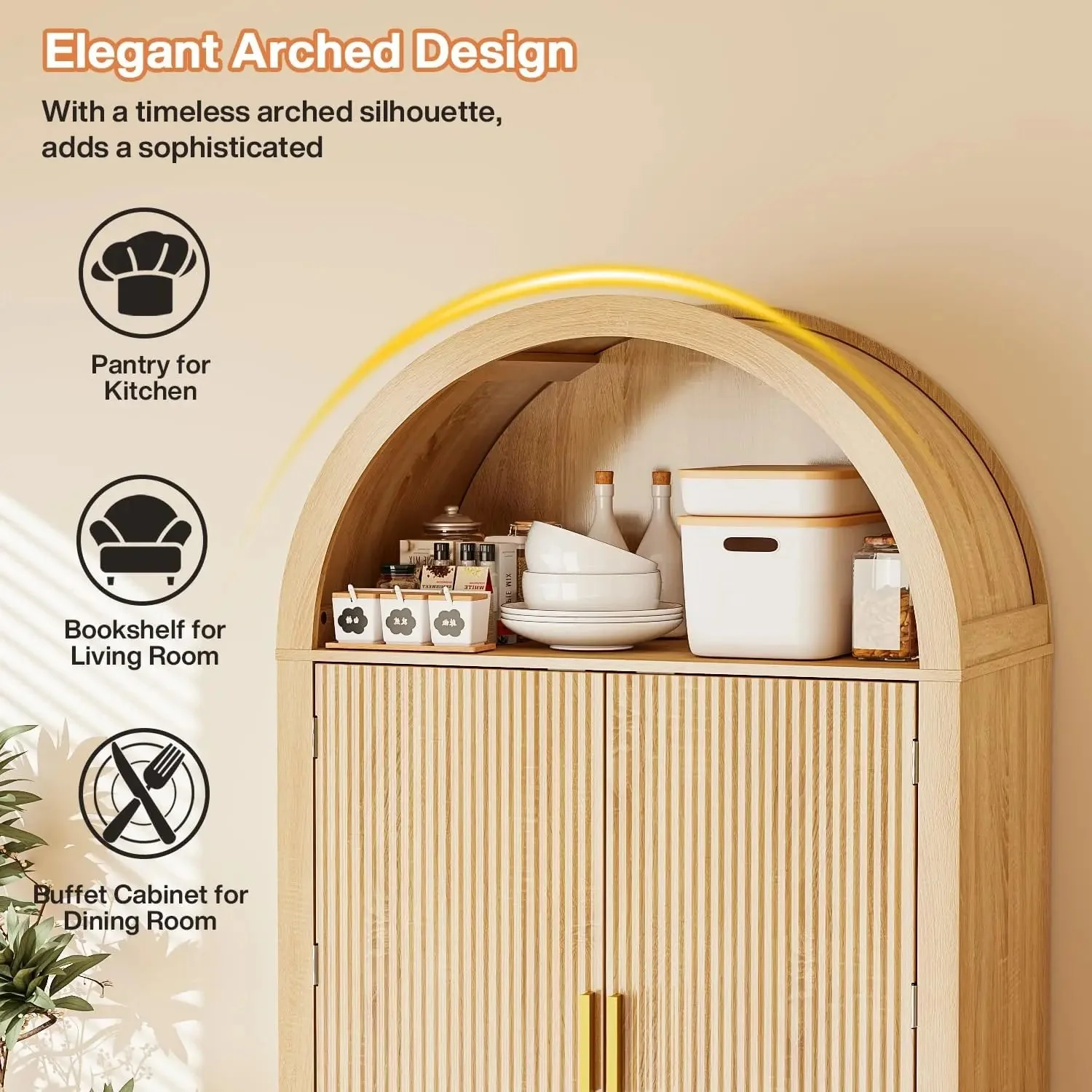 BOSSIN 71" Arched Kitchen Pantry Cabinet, Tall Arched Fluted Storage Cabinet Pantry with Doors and Adjustable Shelves, Modern Natural Wood Cupboard Organizer for Kitchen, Dining Room, Living Room - Image 5