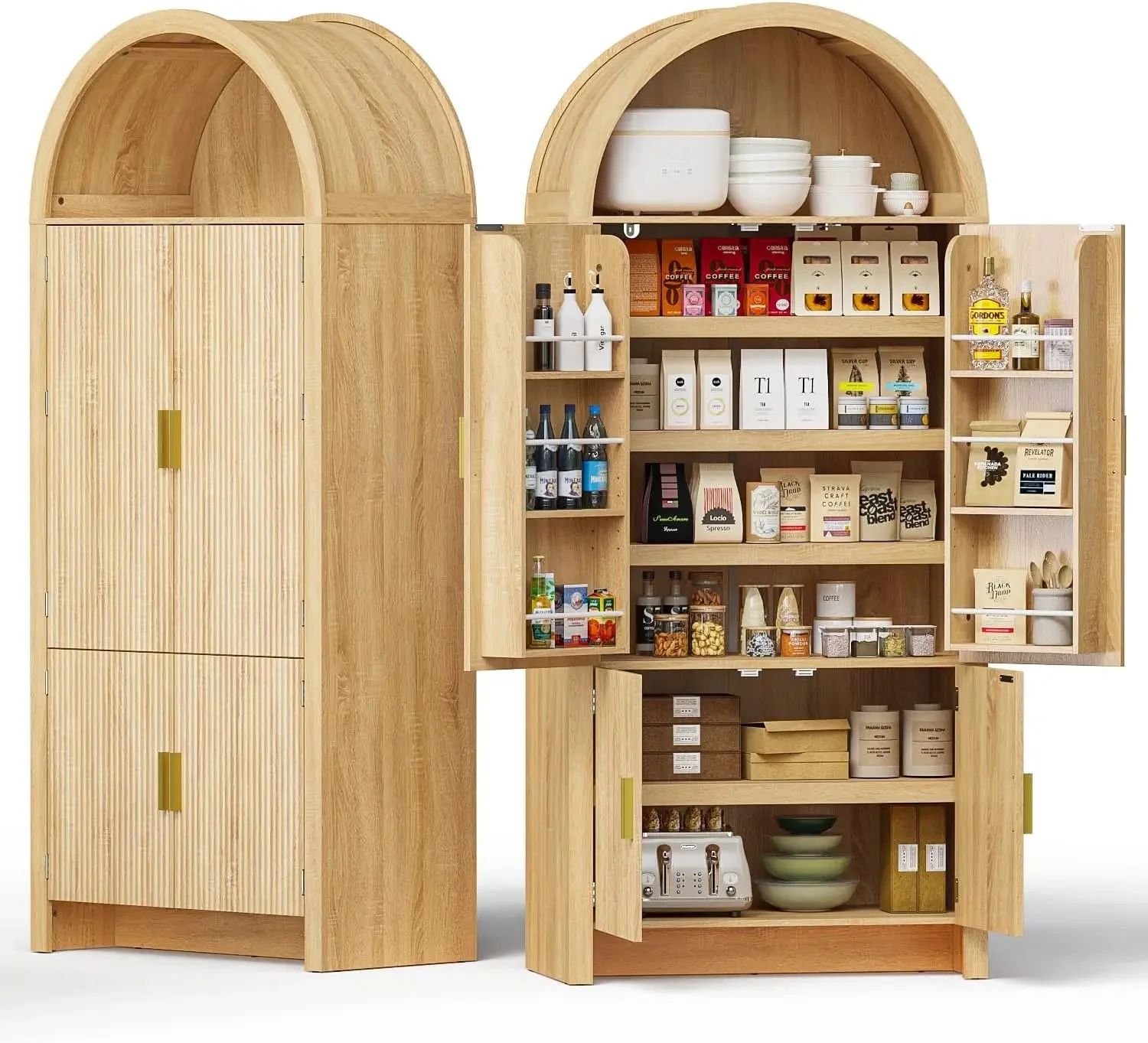 BOSSIN 71" Arched Kitchen Pantry Cabinet, Tall Arched Fluted Storage Cabinet Pantry with Doors and Adjustable Shelves, Modern Natural Wood Cupboard Organizer for Kitchen, Dining Room, Living Room - Image 6