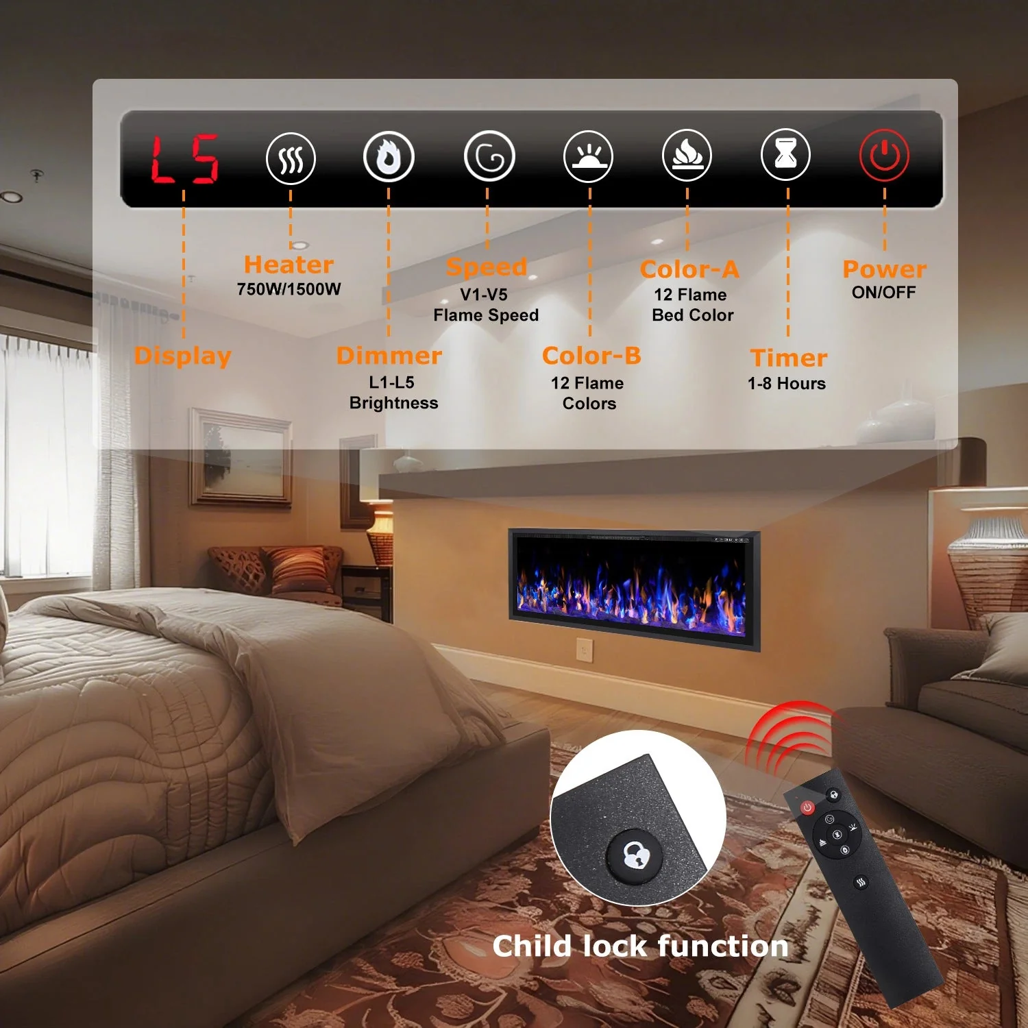 BOSSIN Electric Fireplace Ultra Narrow Frame &Wider screen with Adjustable Flame Color and Speed,Remote Control with Timer,750/1500W - Image 14