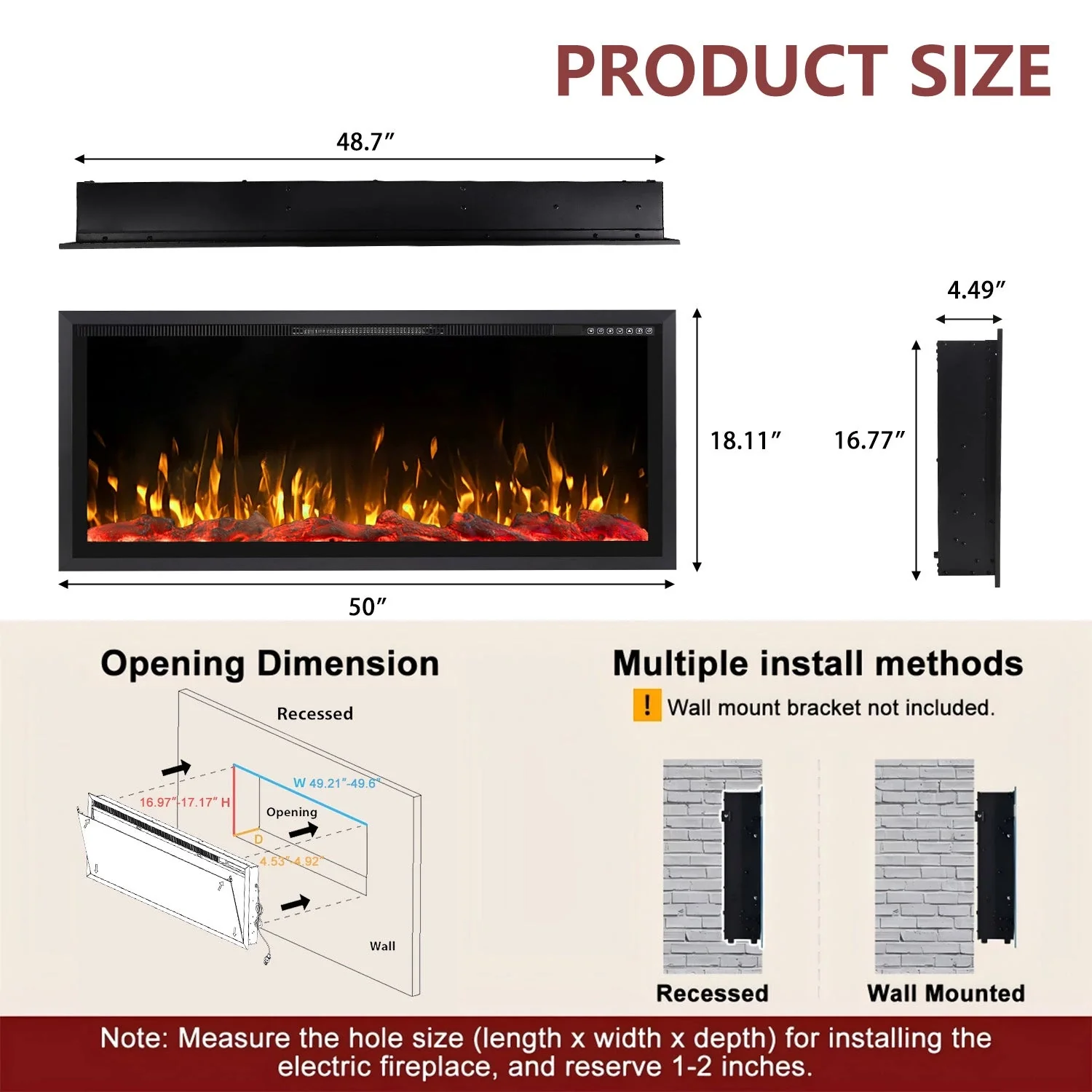 BOSSIN Electric Fireplace Ultra Narrow Frame &Wider screen with Adjustable Flame Color and Speed,Remote Control with Timer,750/1500W - Image 15