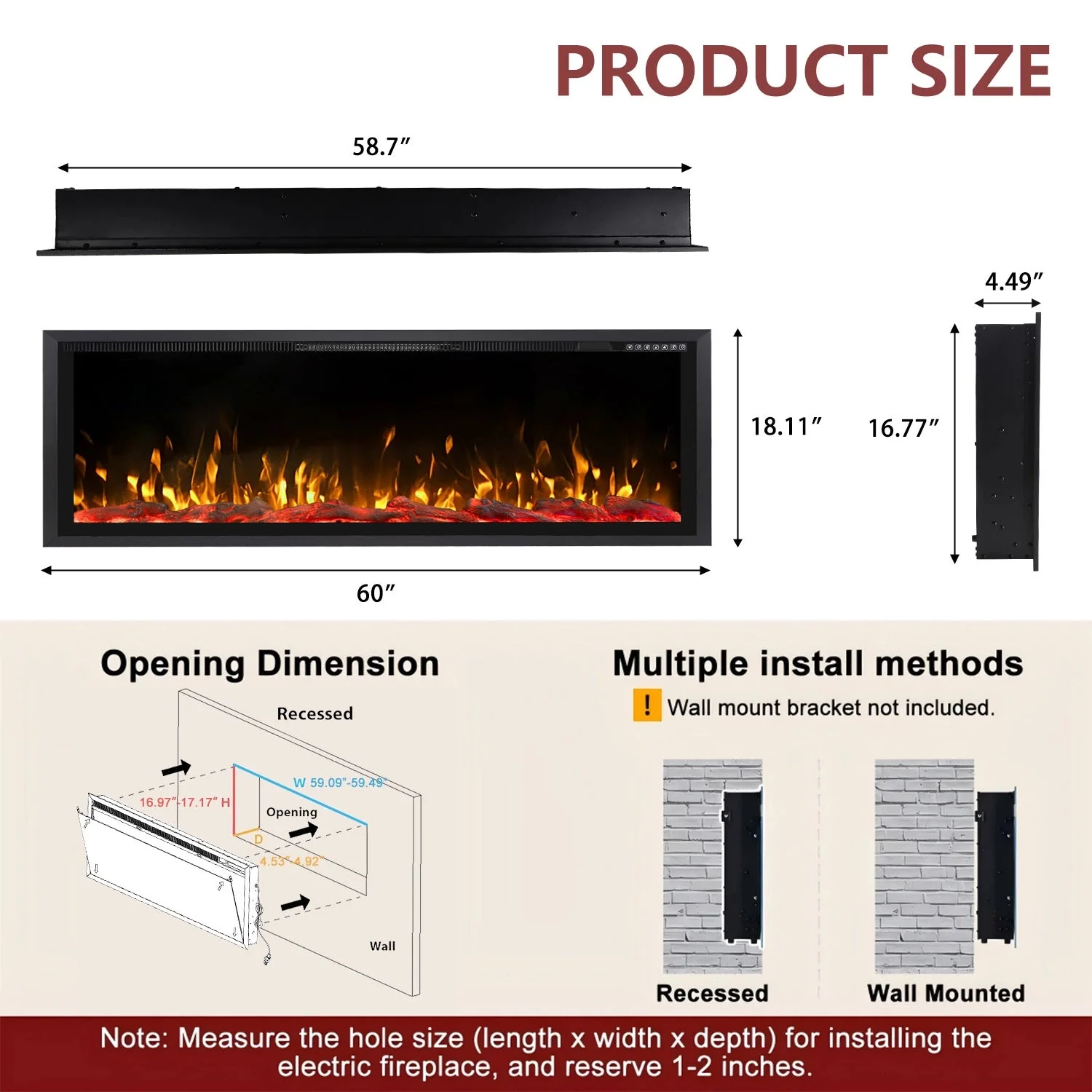 BOSSIN Electric Fireplace Ultra Narrow Frame &Wider screen with Adjustable Flame Color and Speed,Remote Control with Timer,750/1500W - Image 17