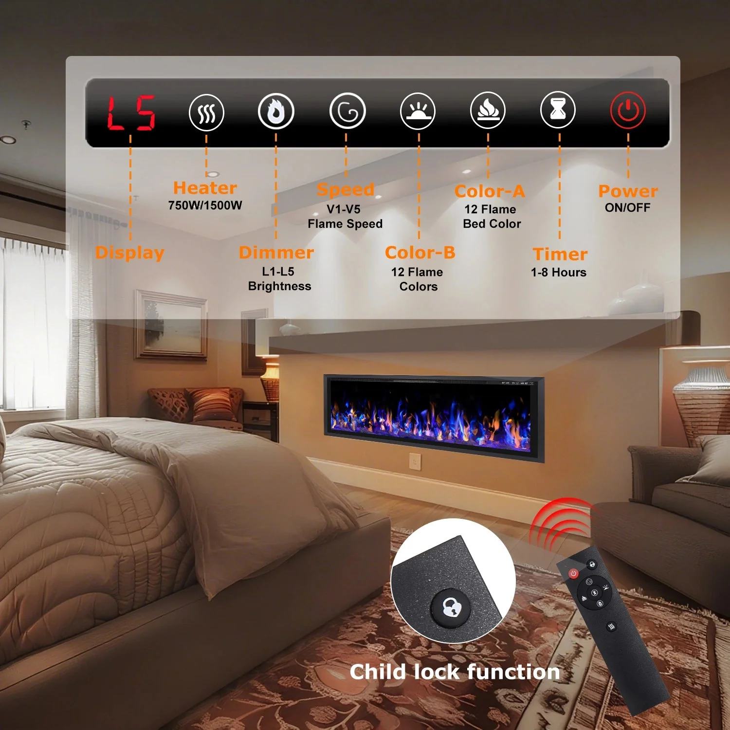 BOSSIN Electric Fireplace Ultra Narrow Frame &Wider screen with Adjustable Flame Color and Speed,Remote Control with Timer,750/1500W - Image 21