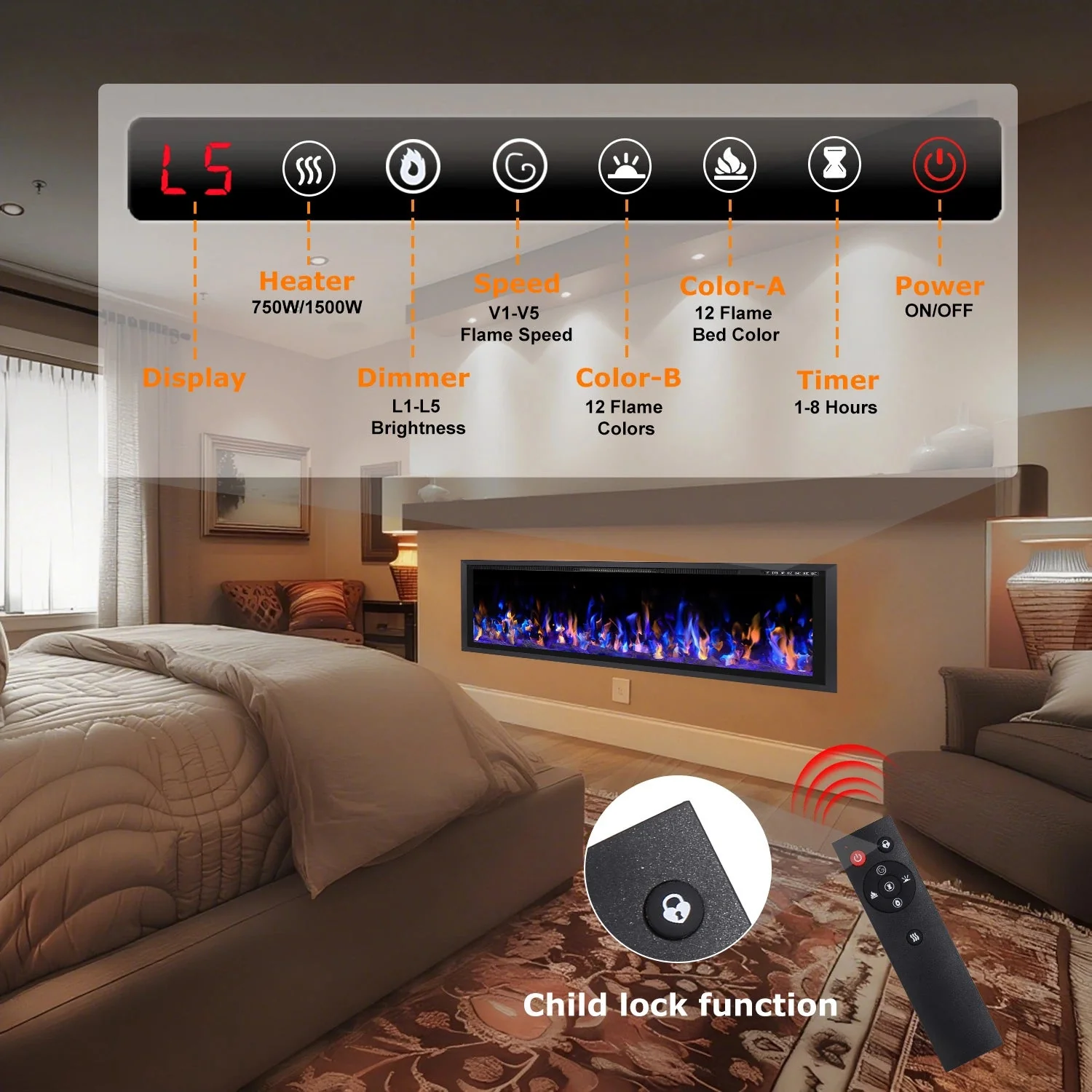 BOSSIN Electric Fireplace Ultra Narrow Frame &Wider screen with Adjustable Flame Color and Speed,Remote Control with Timer,750/1500W - Image 25