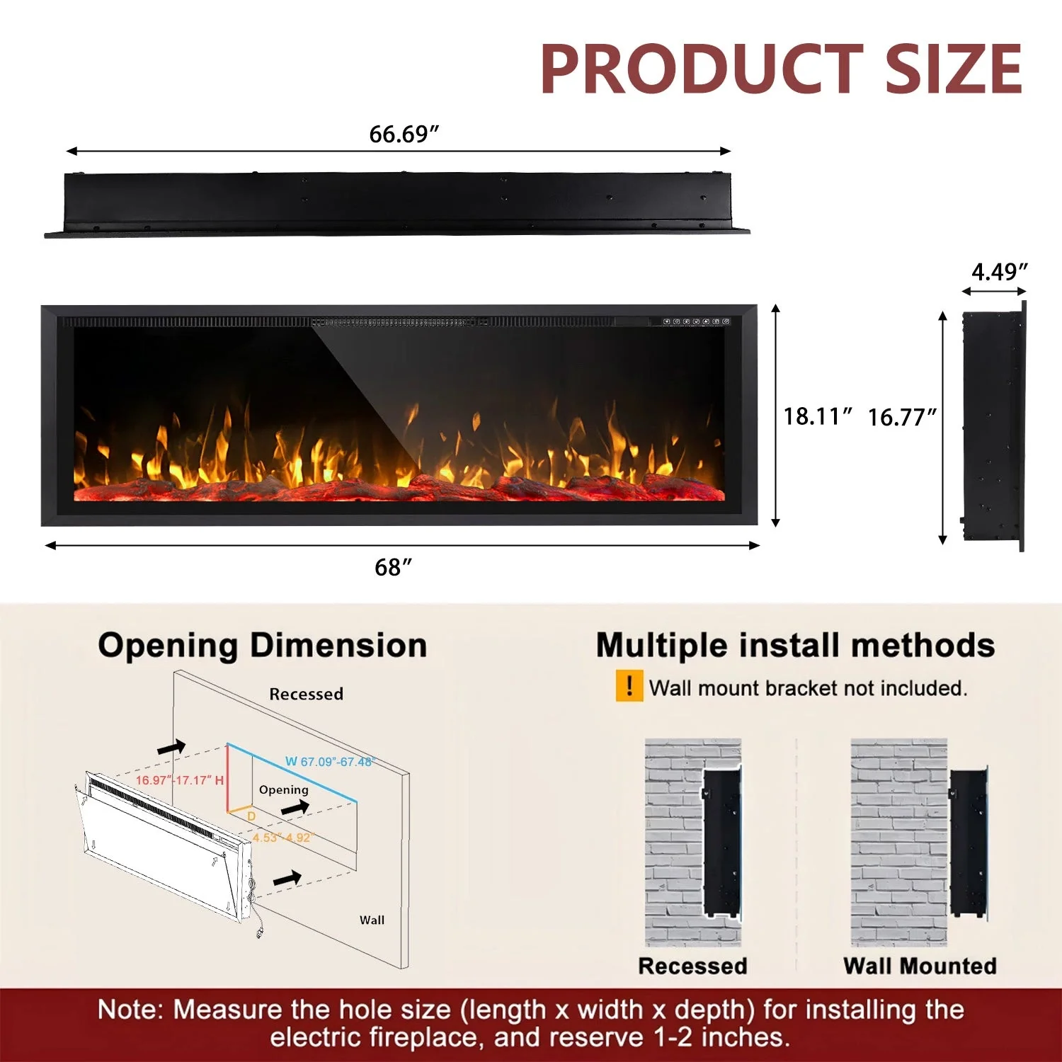 BOSSIN Electric Fireplace Ultra Narrow Frame &Wider screen with Adjustable Flame Color and Speed,Remote Control with Timer,750/1500W - Image 26