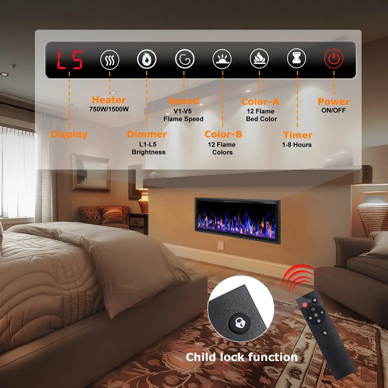 BOSSIN Electric Fireplace Ultra Narrow Frame &Wider screen with Adjustable Flame Color and Speed,Remote Control with Timer,750/1500W - Image 8