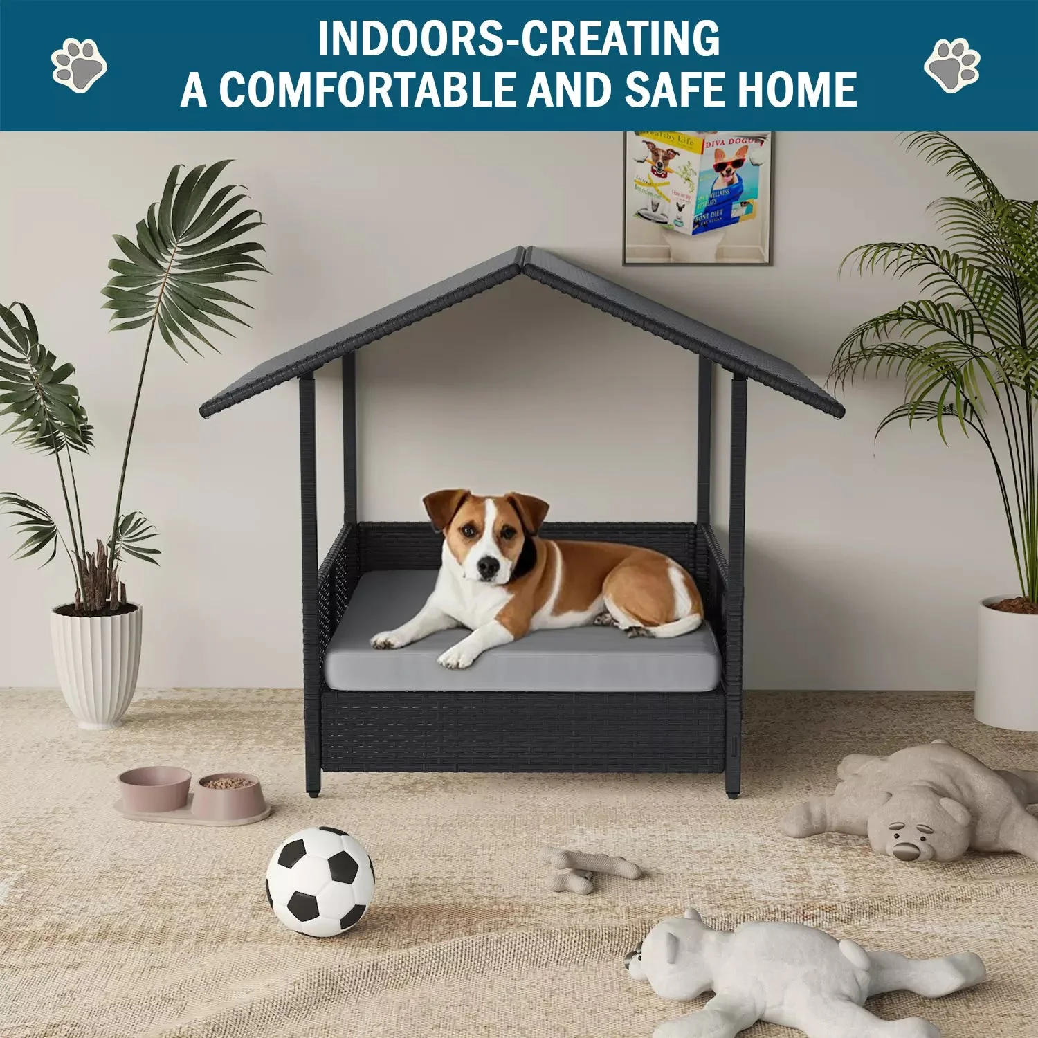 BOSSIN Wicker Dog House with Cushion for Small/Medium Dogs,Outdoor Indoor dog house with Canopy for Deck,Patio,Yard - Image 2