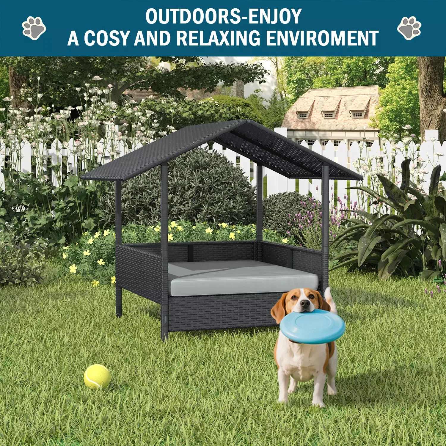 BOSSIN Wicker Dog House with Cushion for Small/Medium Dogs,Outdoor Indoor dog house with Canopy for Deck,Patio,Yard - Image 3