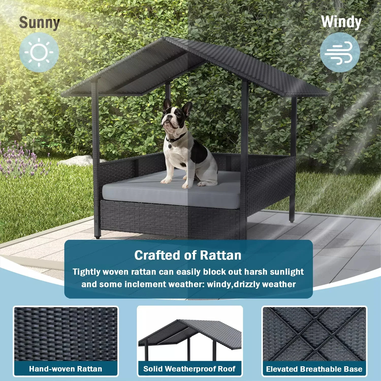 BOSSIN Wicker Dog House with Cushion for Small/Medium Dogs,Outdoor Indoor dog house with Canopy for Deck,Patio,Yard - Image 4