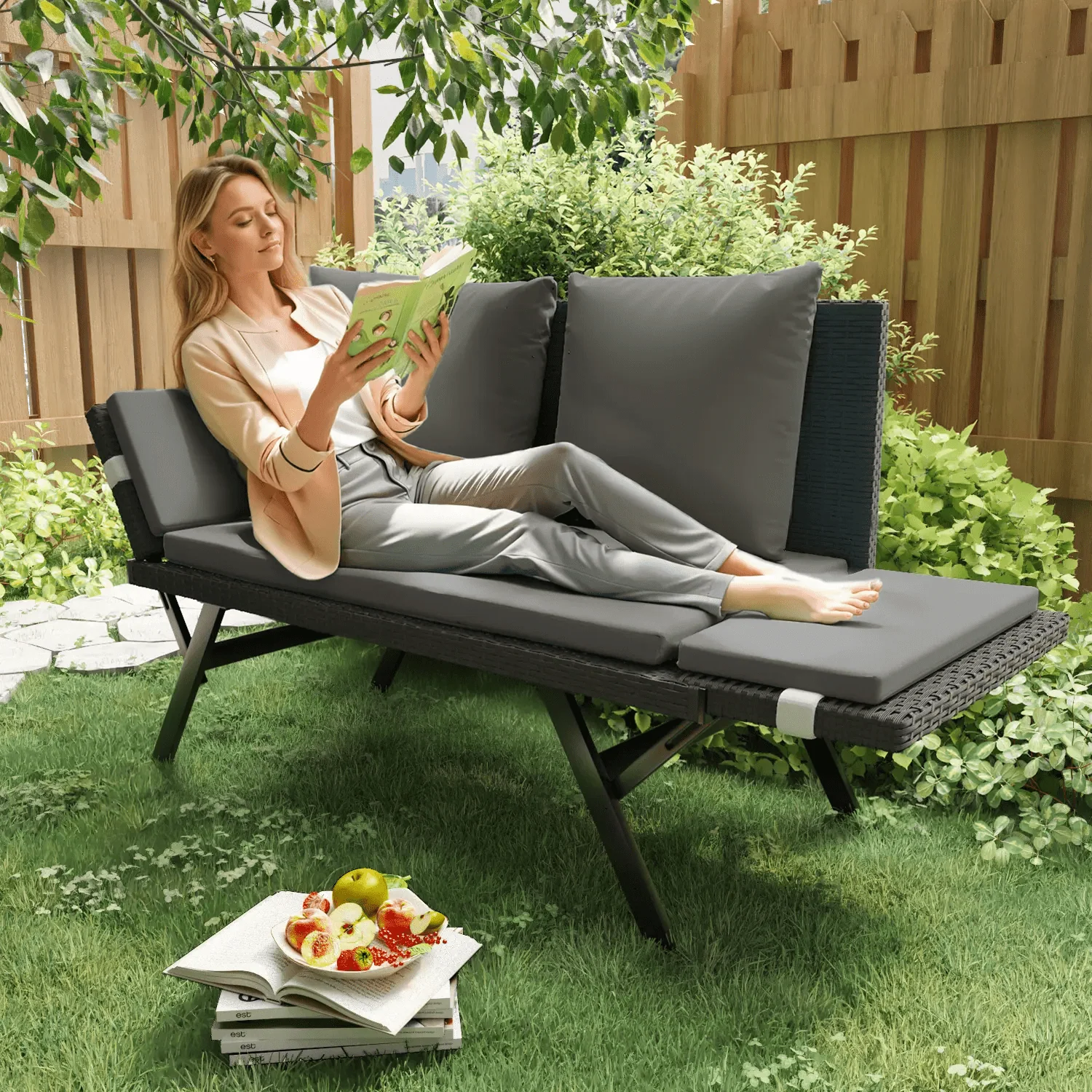 BOSSION Convertible Outdoor Couch Sofa, Wove Rattan Patio Daybed with Adjstable Armrests,Grey - Image 2