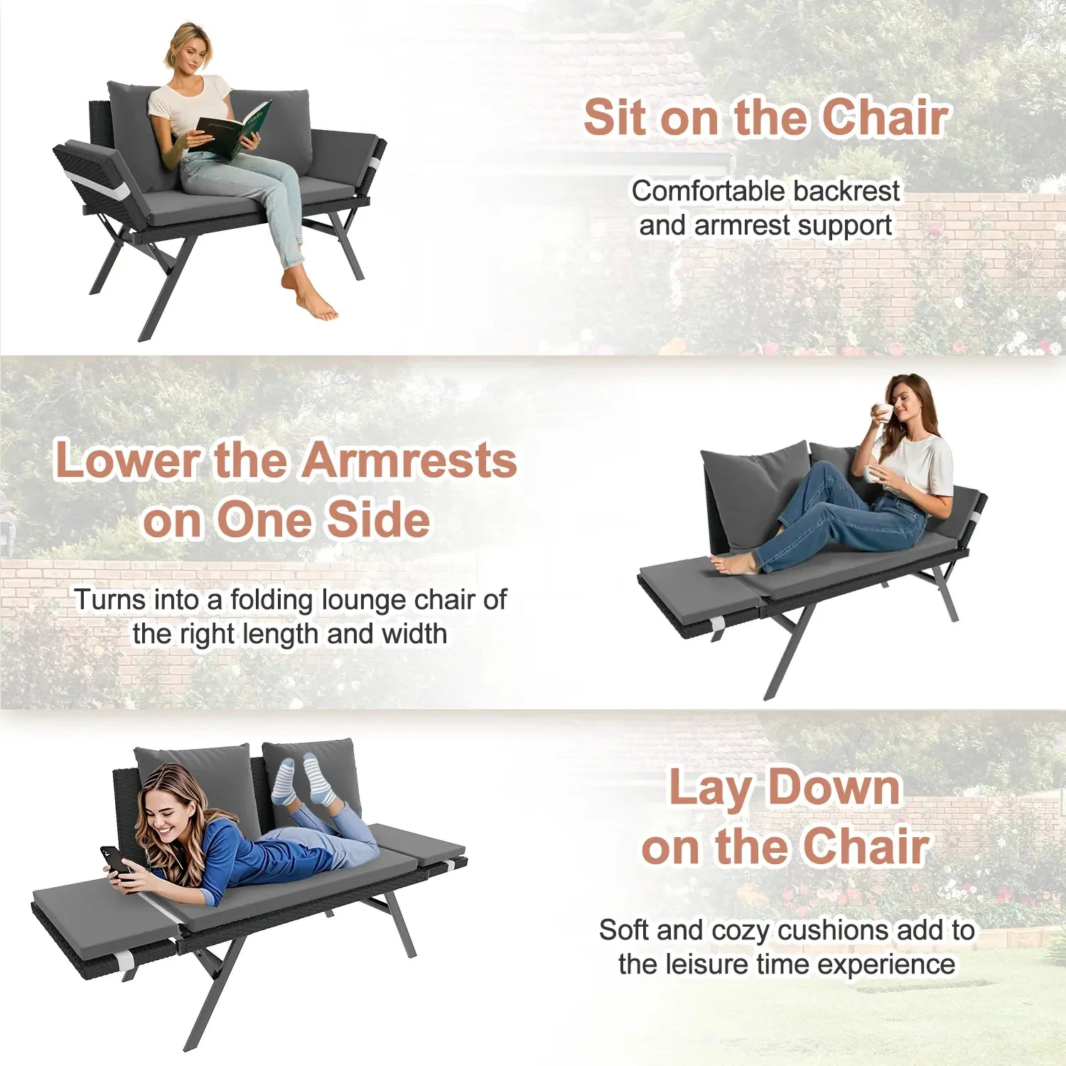 BOSSION Convertible Outdoor Couch Sofa, Wove Rattan Patio Daybed with Adjstable Armrests,Grey - Image 3