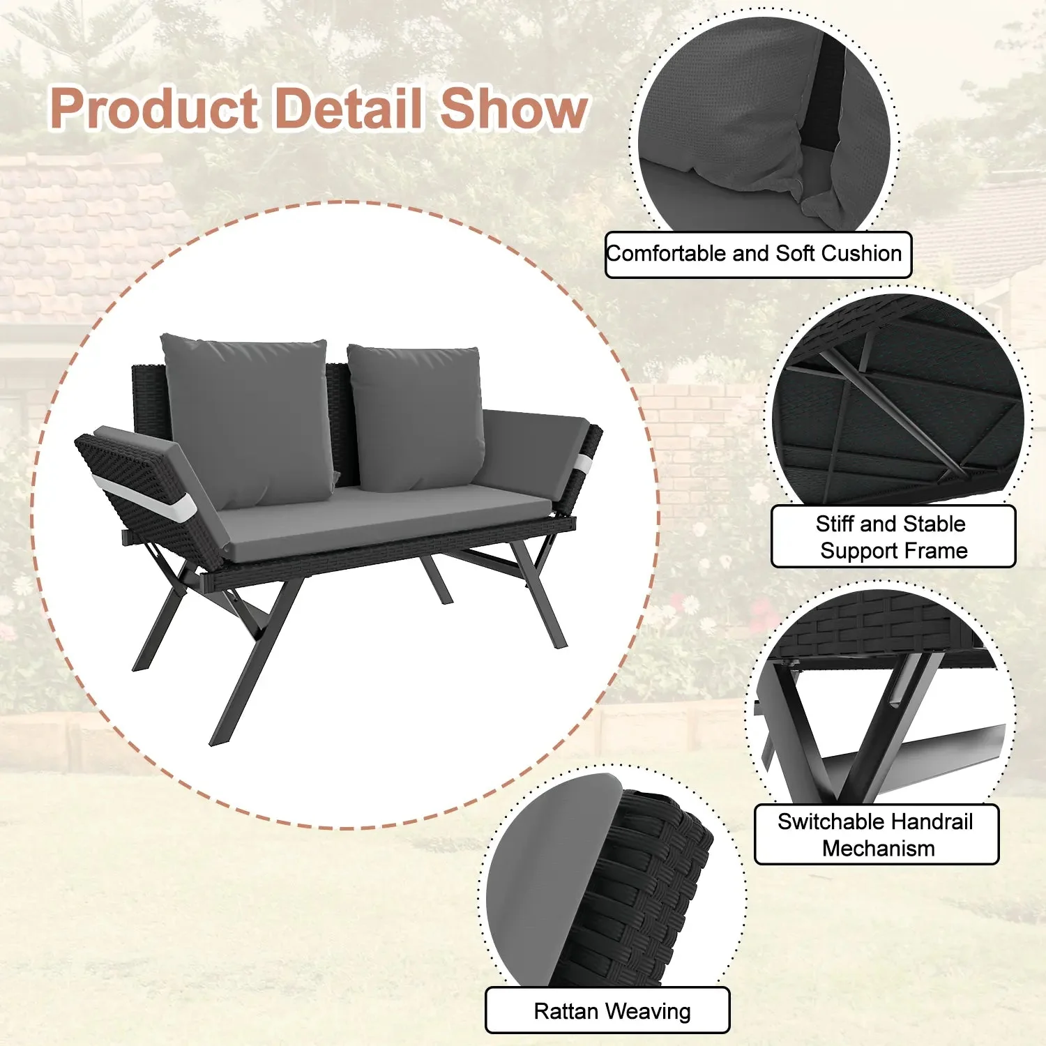BOSSION Convertible Outdoor Couch Sofa, Wove Rattan Patio Daybed with Adjstable Armrests,Grey - Image 5