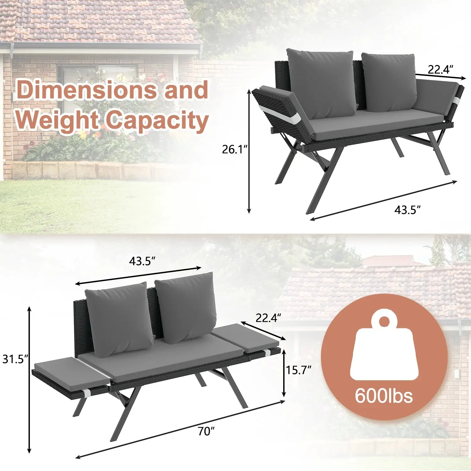 BOSSION Convertible Outdoor Couch Sofa, Wove Rattan Patio Daybed with Adjstable Armrests,Grey - Image 6