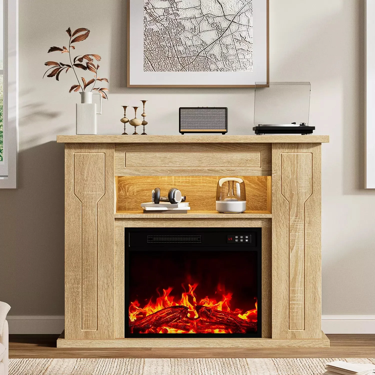 Ofika 43” Electric Fireplace with Mantel, Solid Wood Modern TV Stand with Fireplace Freestanding Entertainment Center with Storage Compartment, 23" Fireplace Insert Heater for Living Room